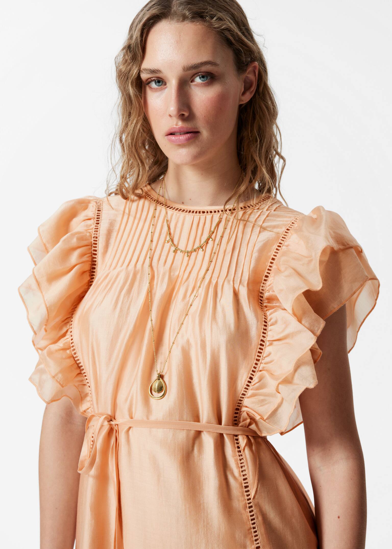 Abito midi con gale - Pesca/Motivo floreale blu - 5