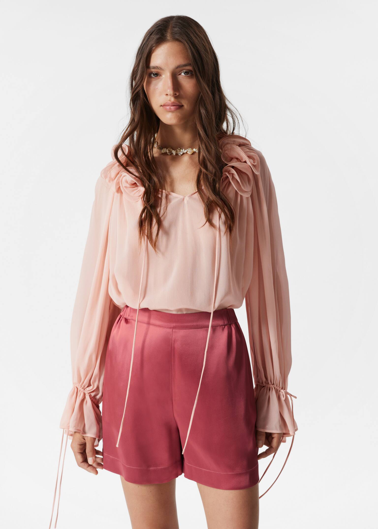 Șorturi din satin cu talie elastică - Roz închis/Maro închis/Verde Deschis - 3