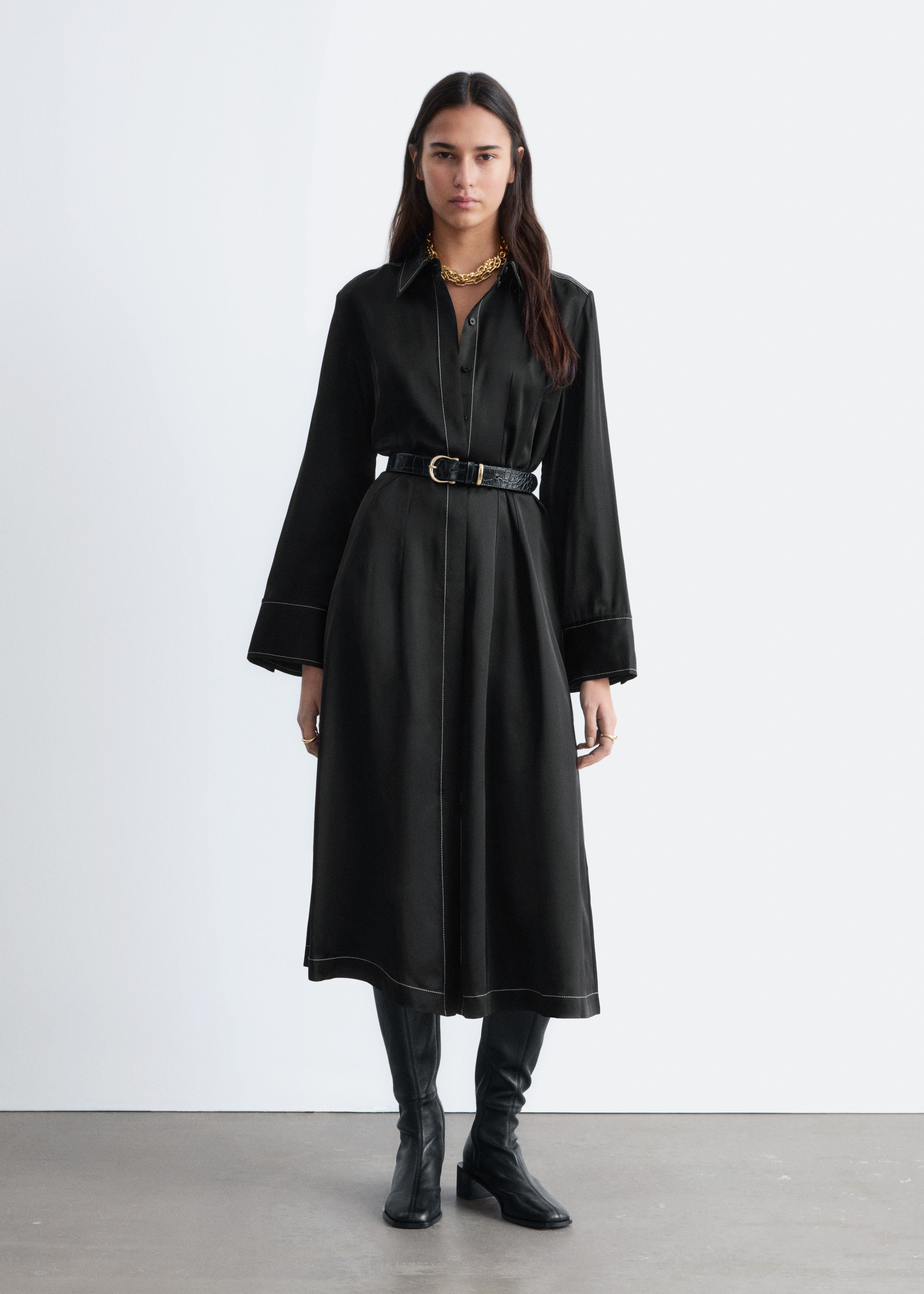 Midi-Hemdblusenkleid - Schwarz