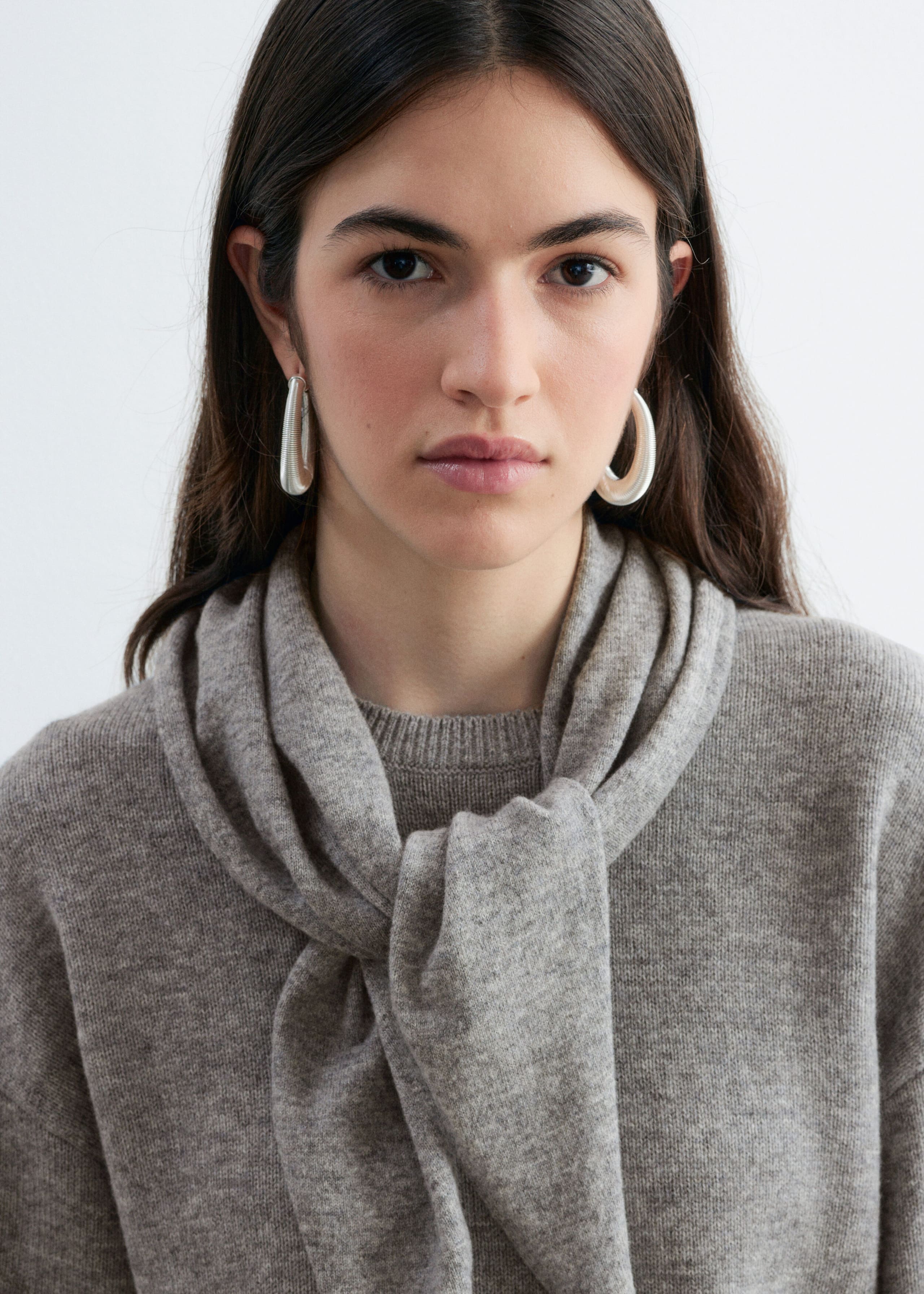 Merino Wool Scarf Neck Jumper - Grey - Lookbook