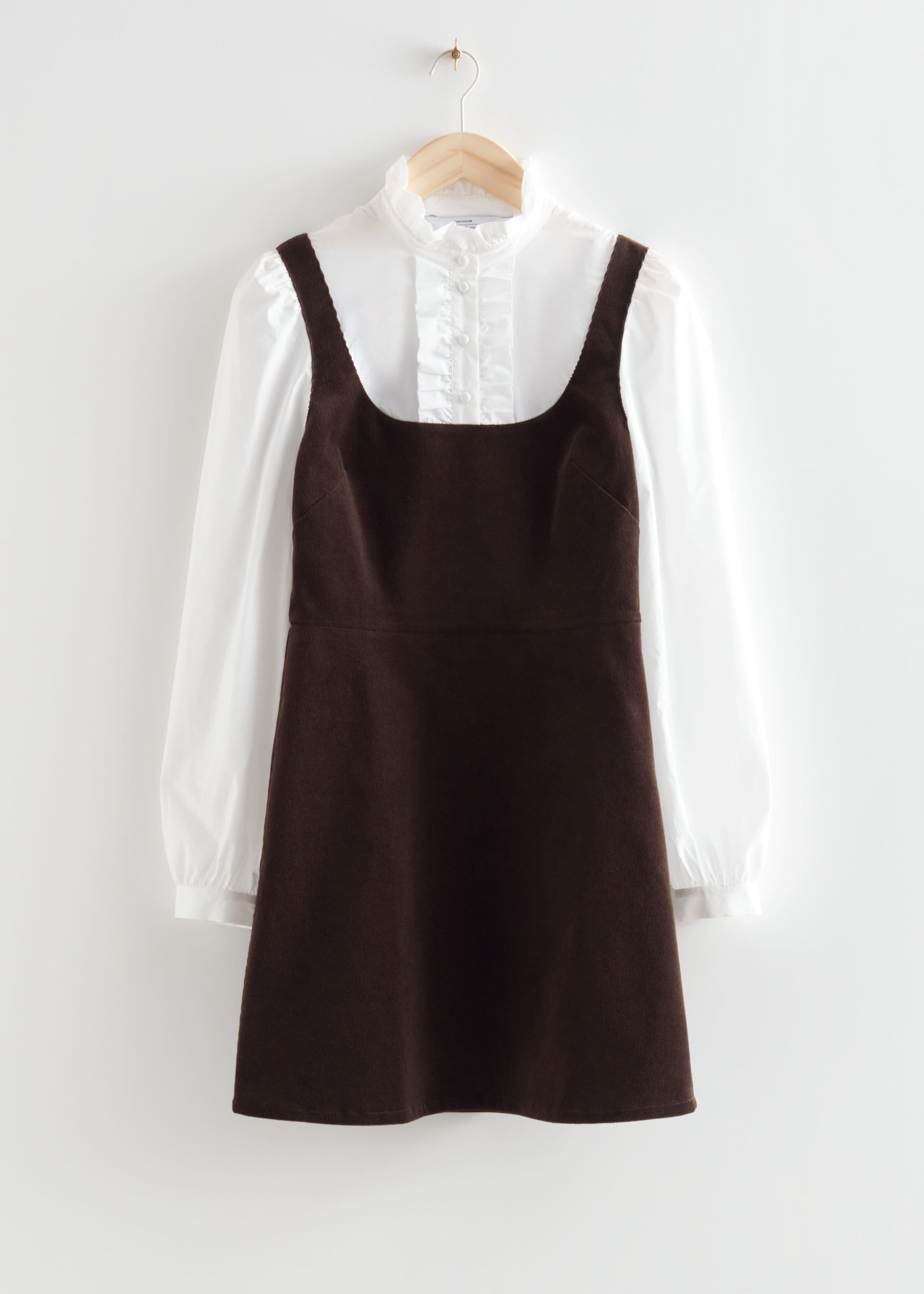 Frilled Corduroy Mini Dress - White/Brown - Still Life