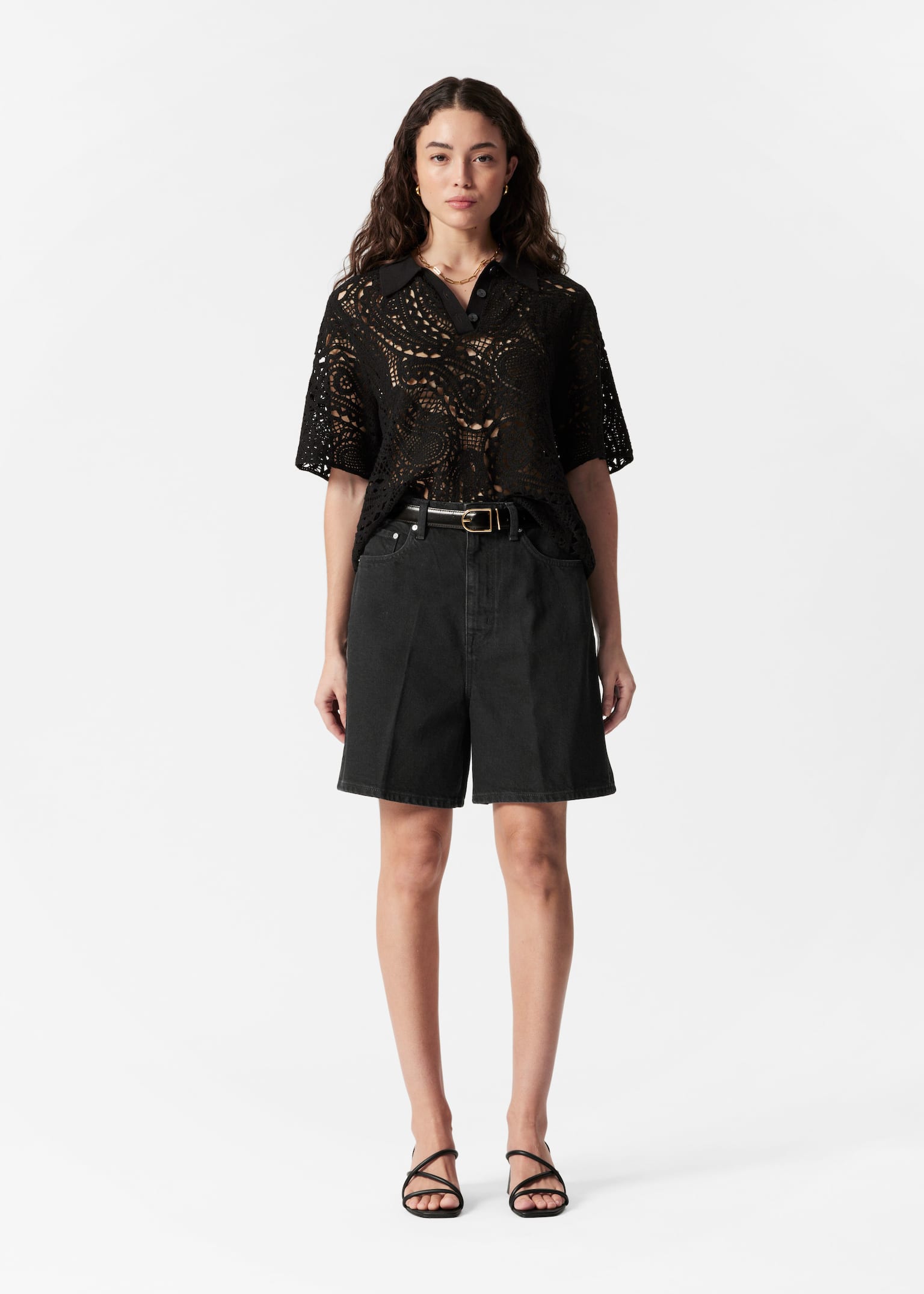 Jeansshorts mit weitem Bein - Schwarz/Beige/Mittelblau