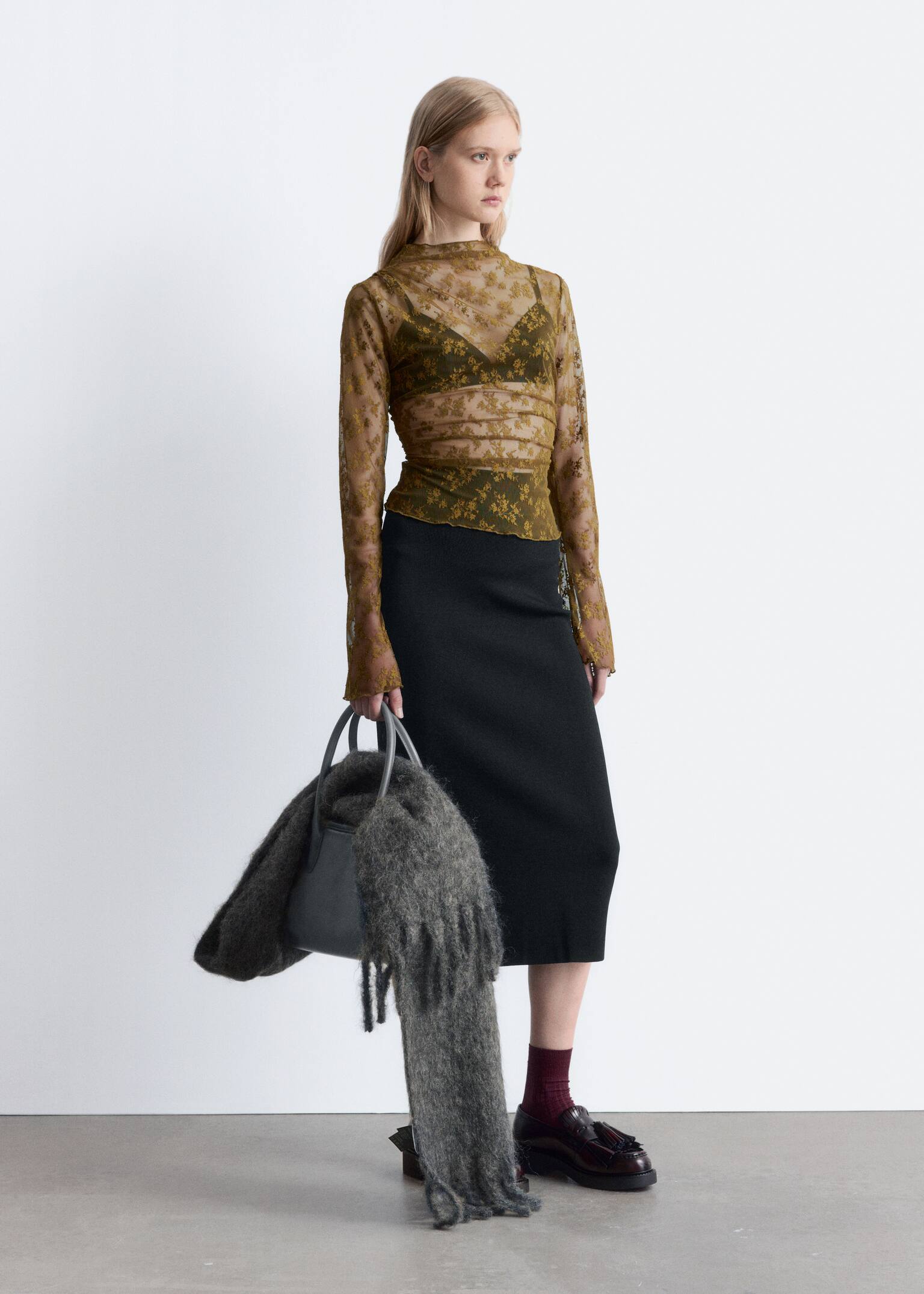 Long-Sleeve Lace Top - Khaki Brown/Dark Brown - 3