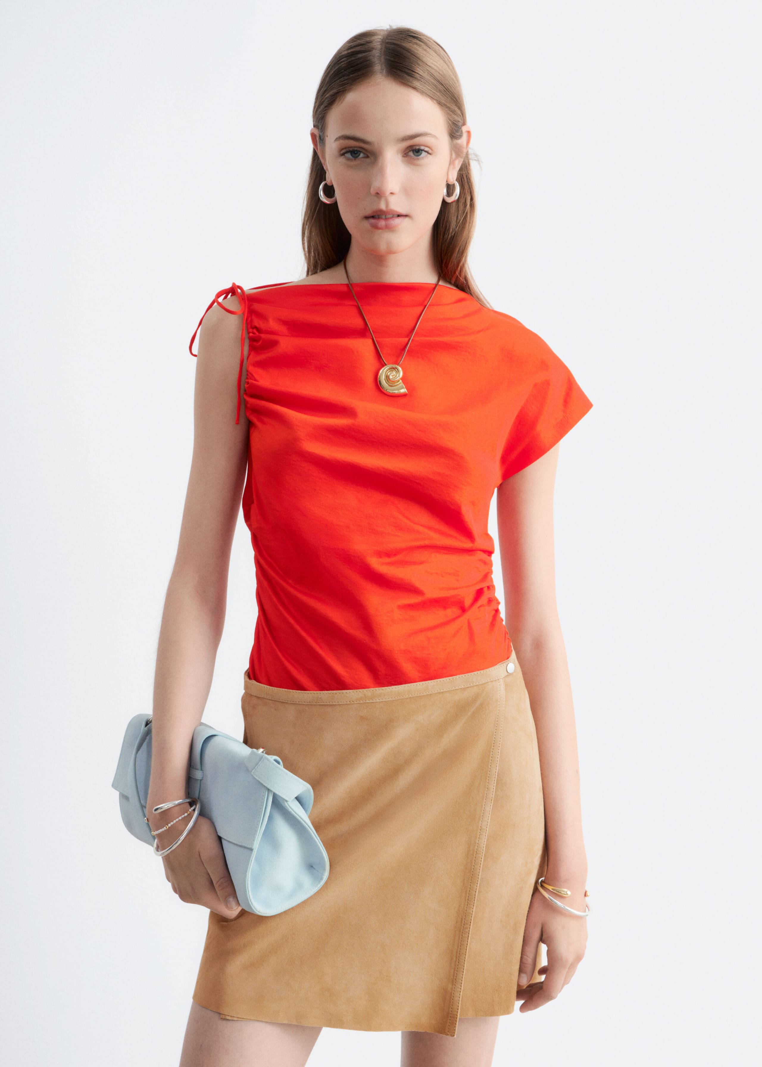 One-Shoulder Drawstring Top - Bright Orange - Lookbook