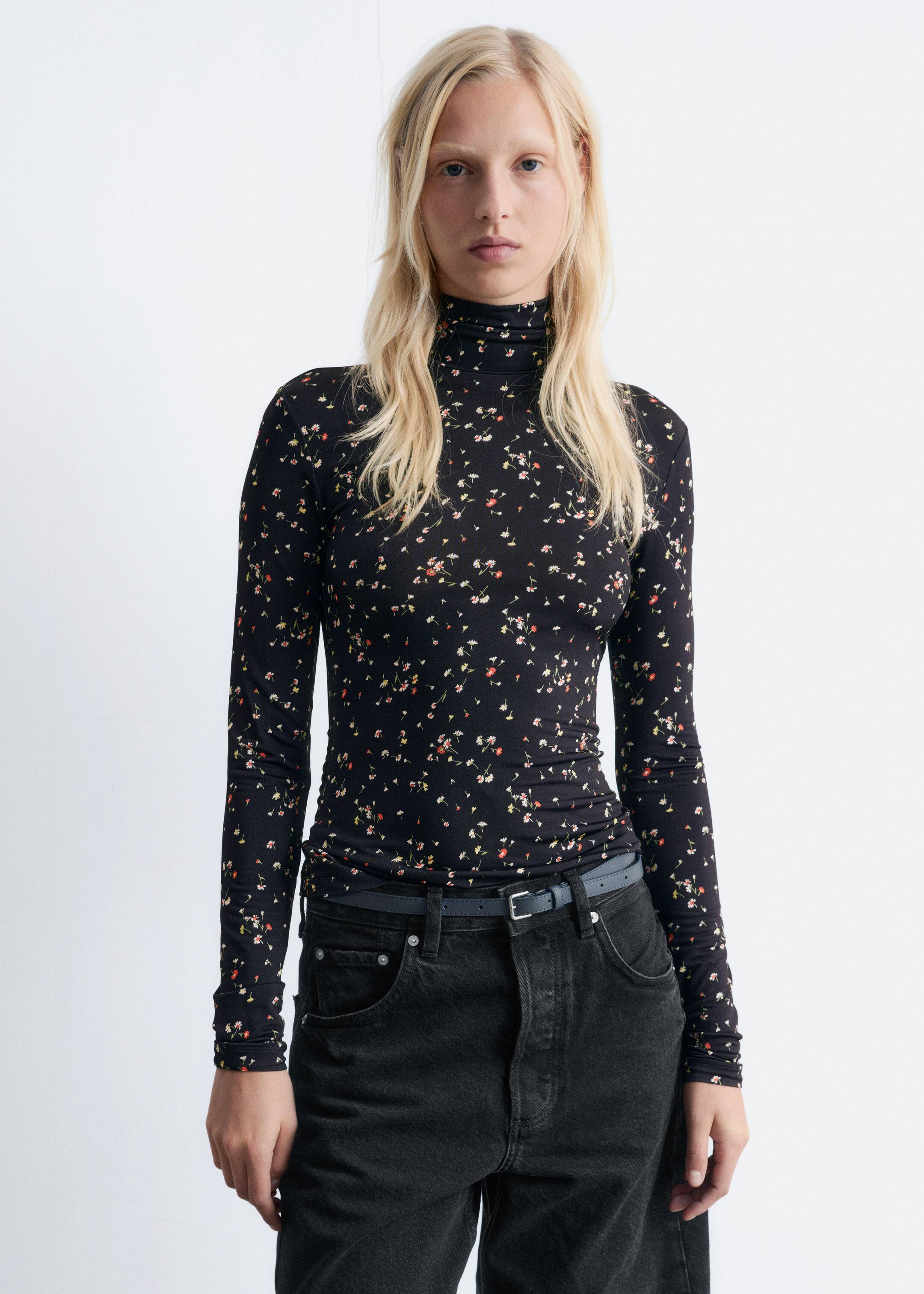 View larger image: Slim Fit Turtleneck Top - Black/Red Florals - Ladies | H&M GB 2