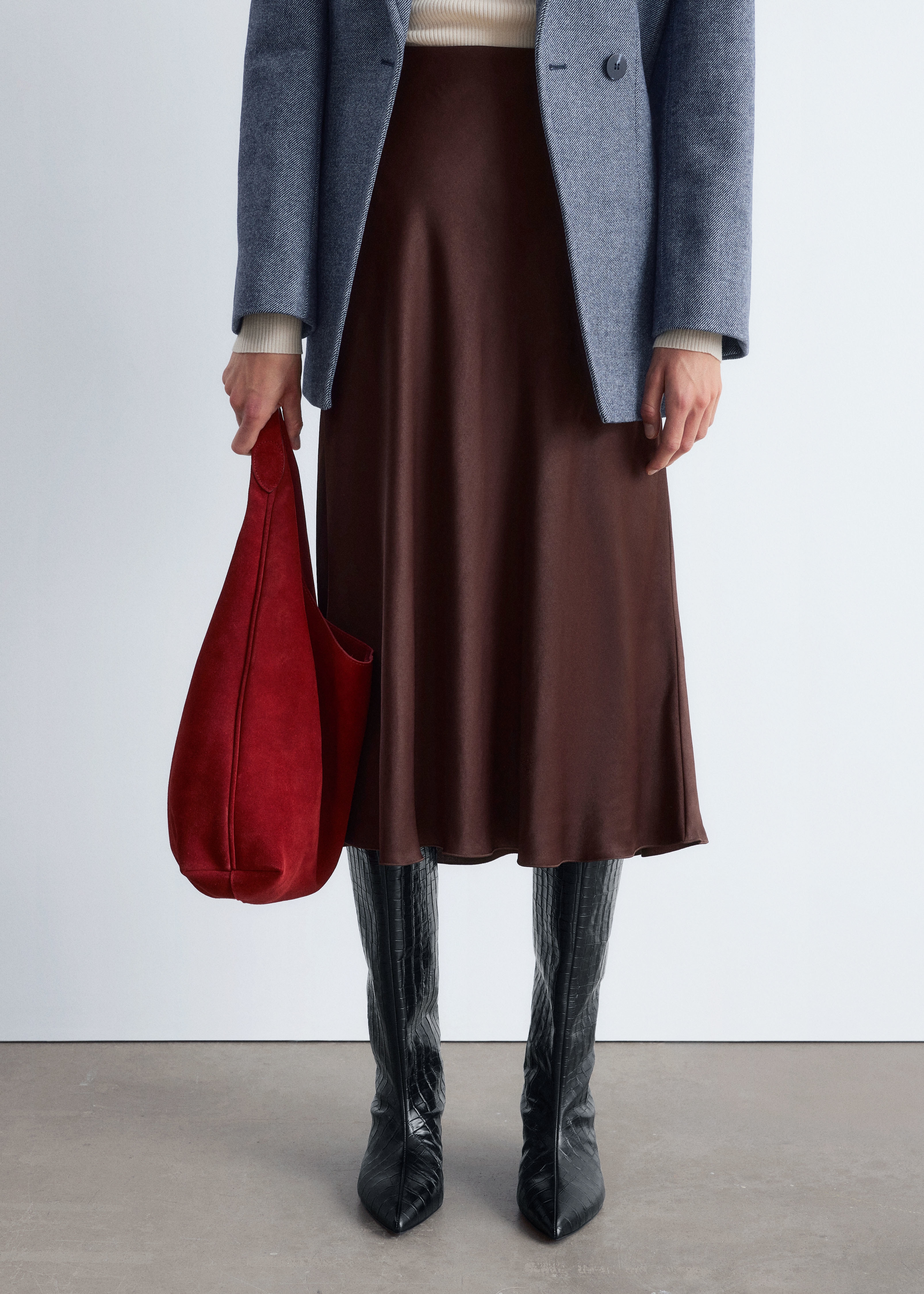 Jupe midi en satin - Marron foncé/Noir