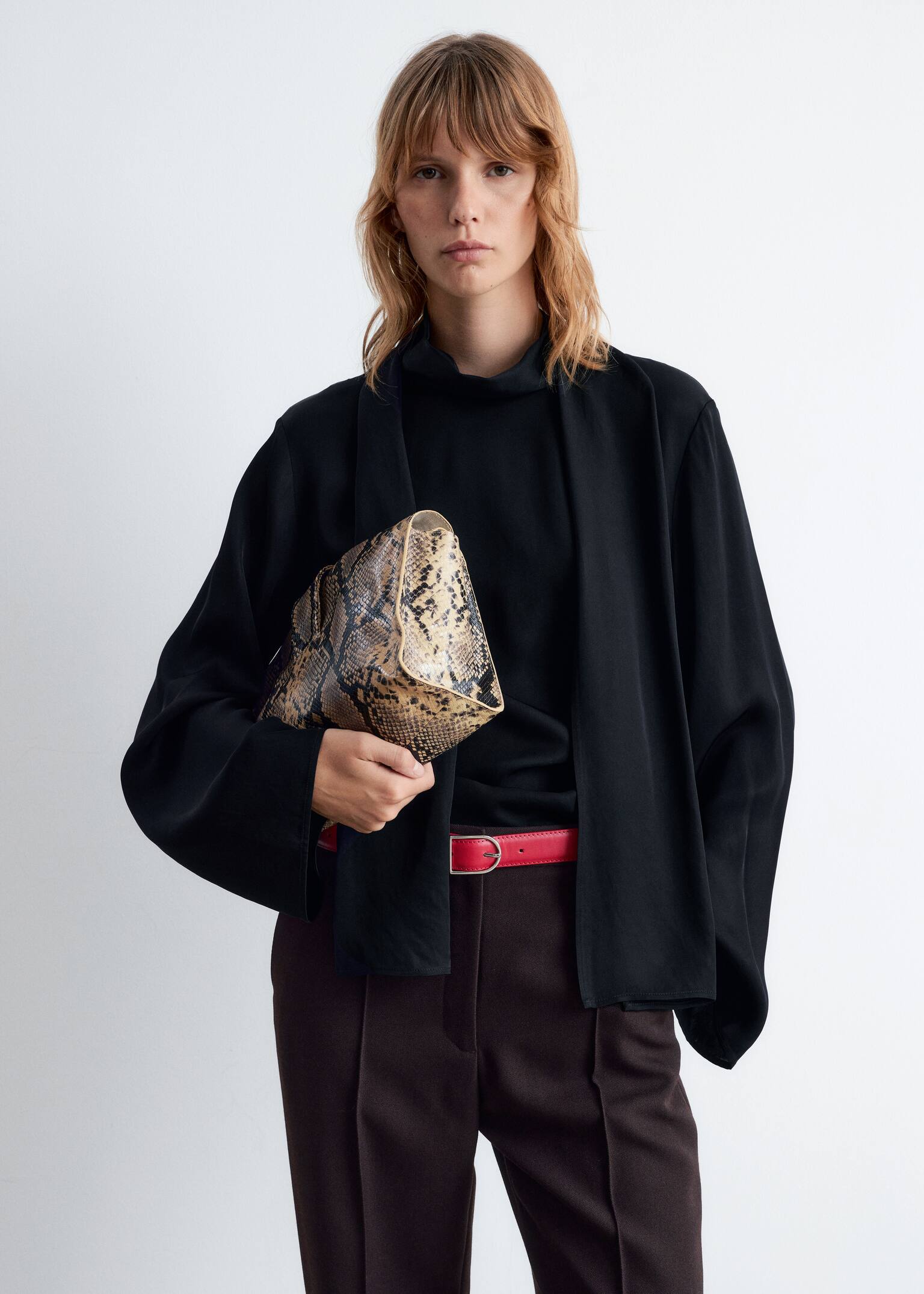 Scarf-Detail Satin Blouse - Black/Beige - 4