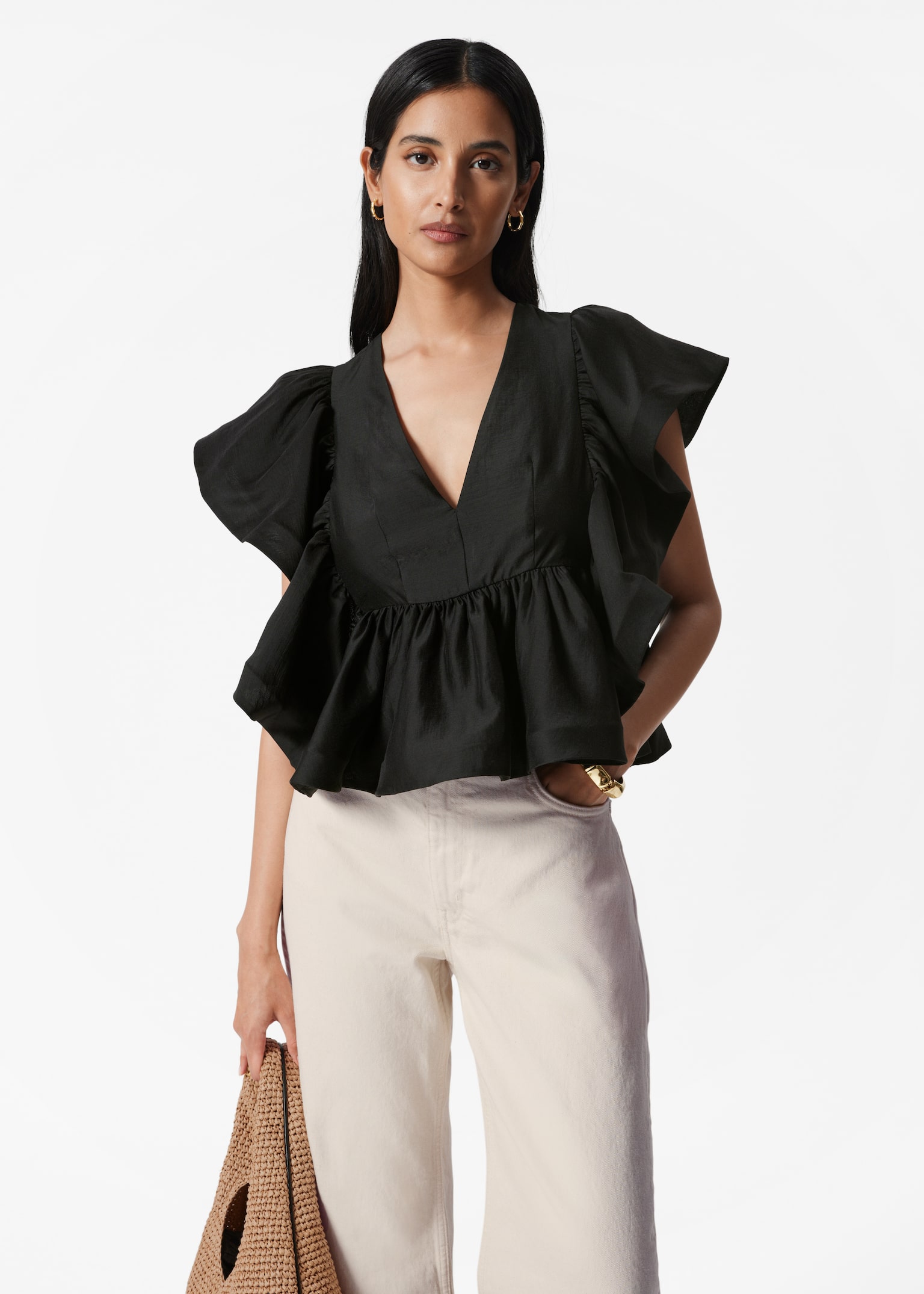 Bluse mit Rüschen und V-Ausschnitt - Schwarz/Rot