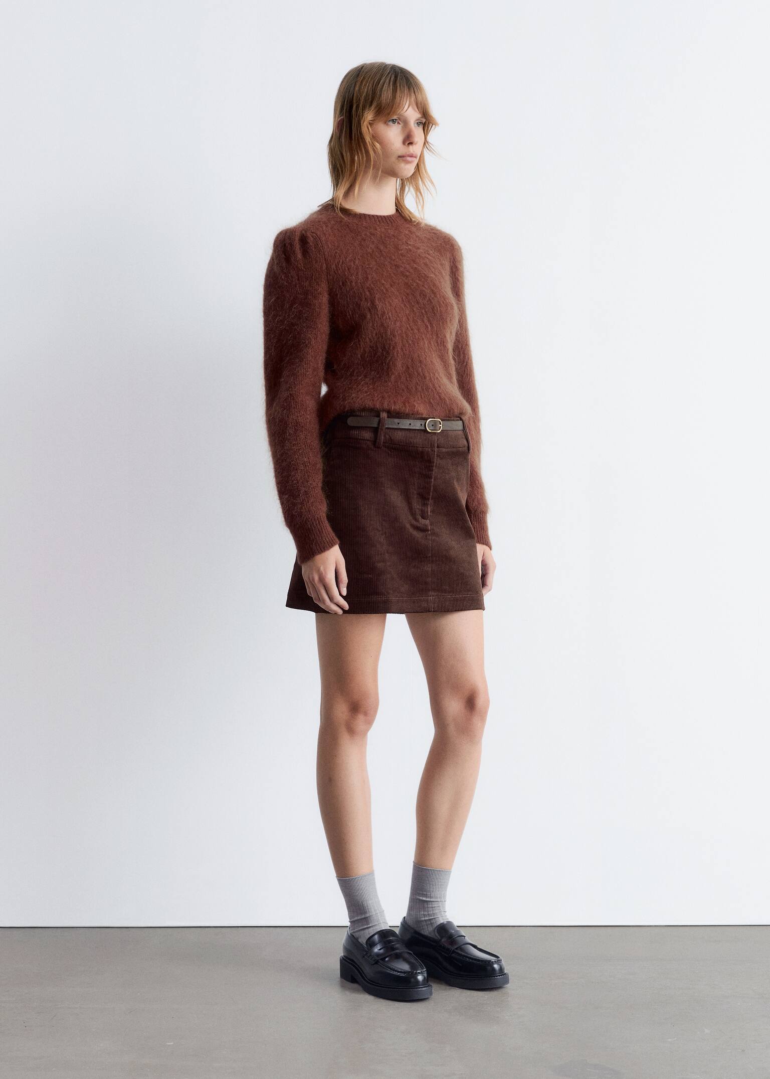 Corduroy Mini Skirt - Dark Brown/Dark Red - 5