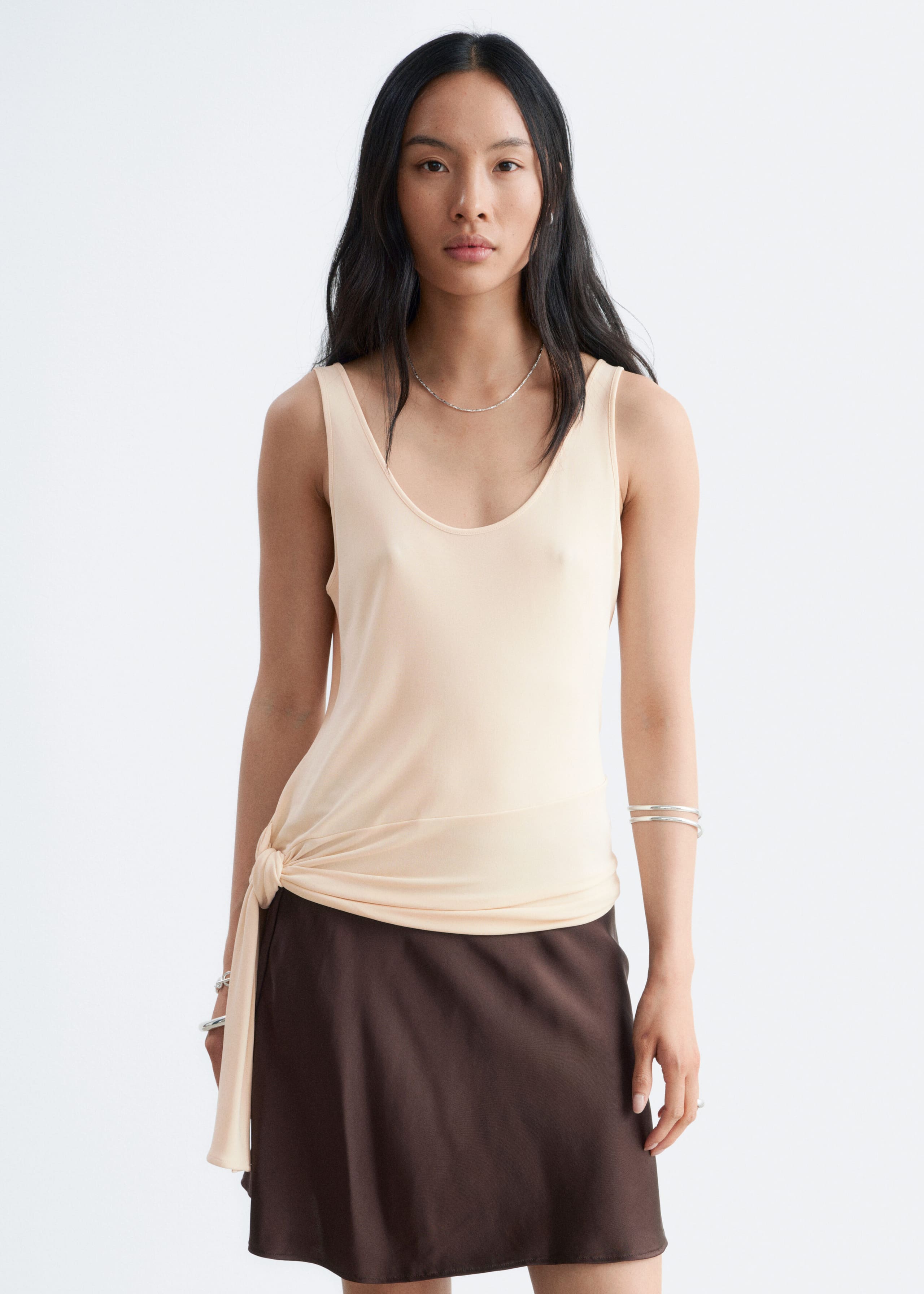 Knot-Detail Scoop-Neck Top - Light Beige - Lookbook