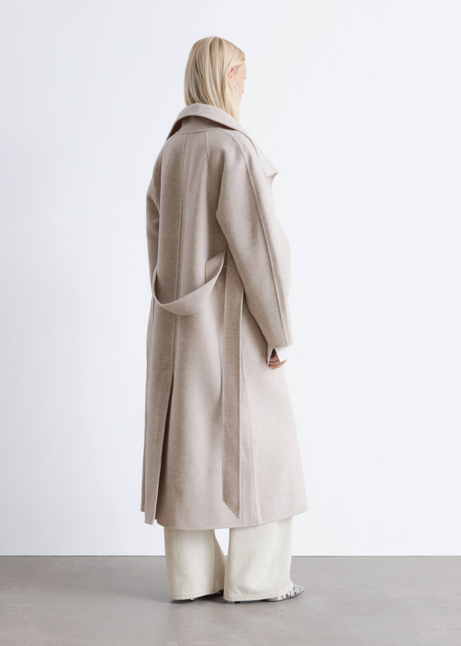 Funnel-Collar Wool Coat - Beige - 4