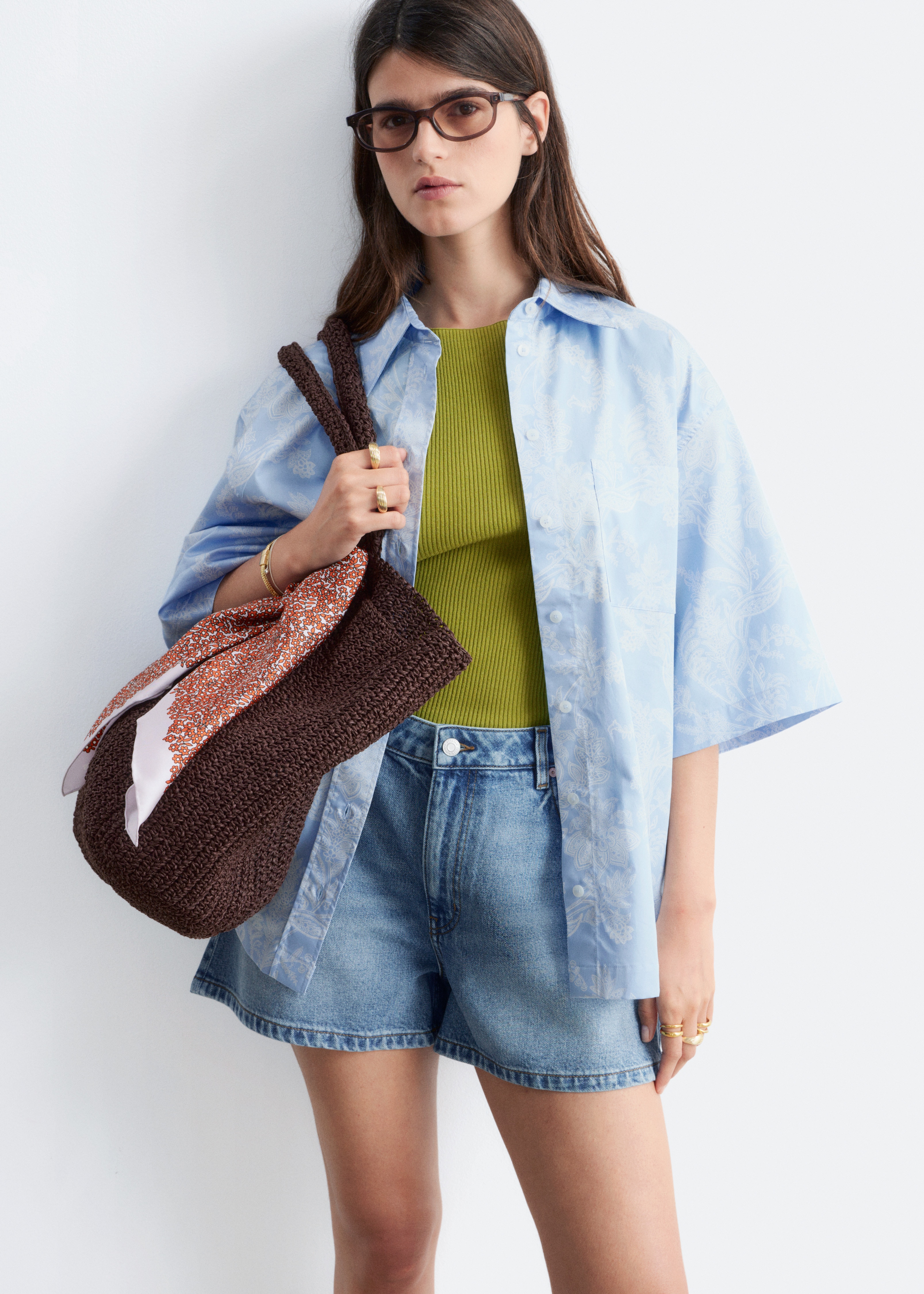 Relaxed Denim Shorts - Mid Blue/Black/Off White