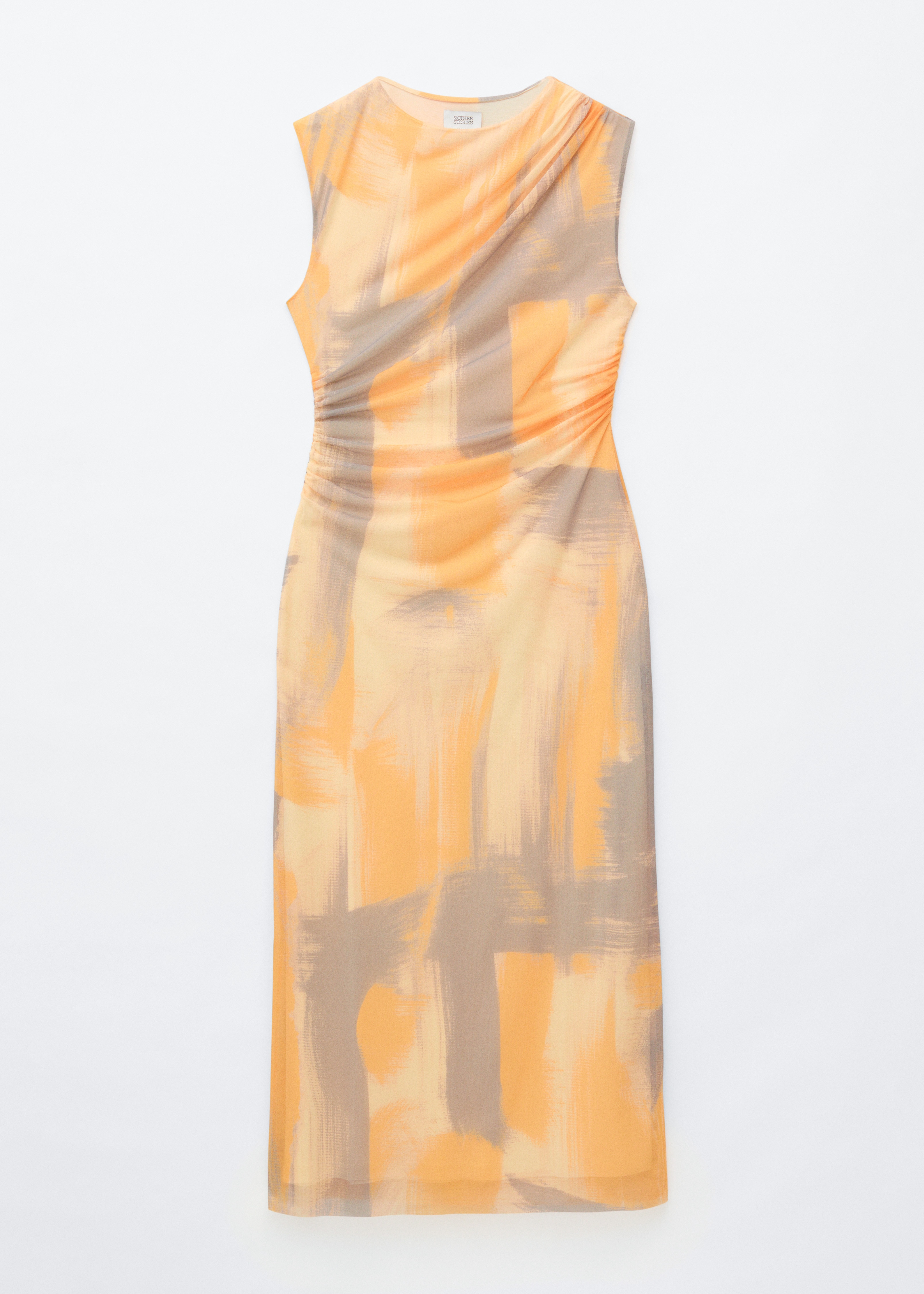 Sleeveless Draped Dress - Yellow/Printed/Pink/Florals/Dark Brown