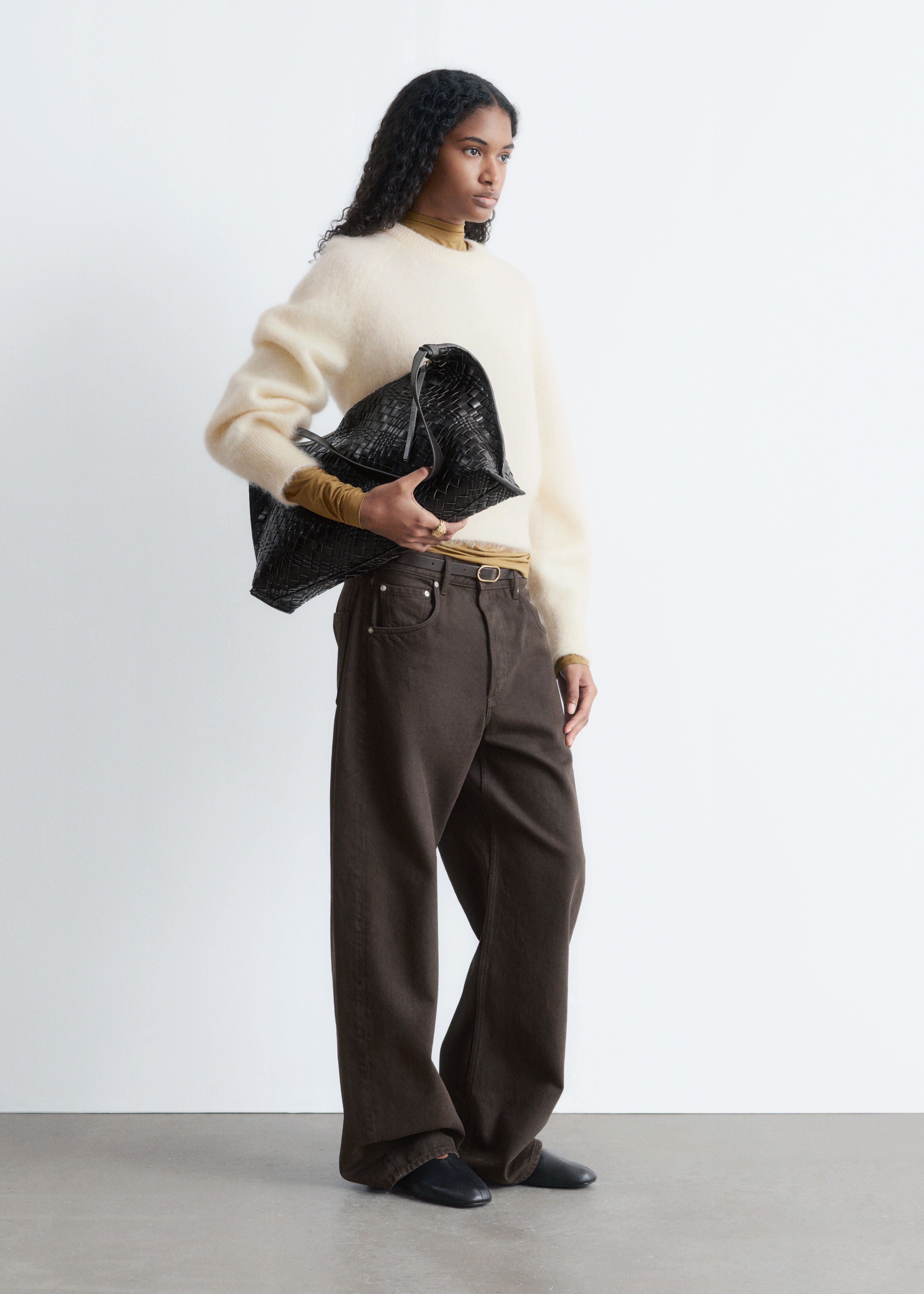 Mohairblandad tröja med ballongärm - Ljusbeige/Mörkgrå/melerad