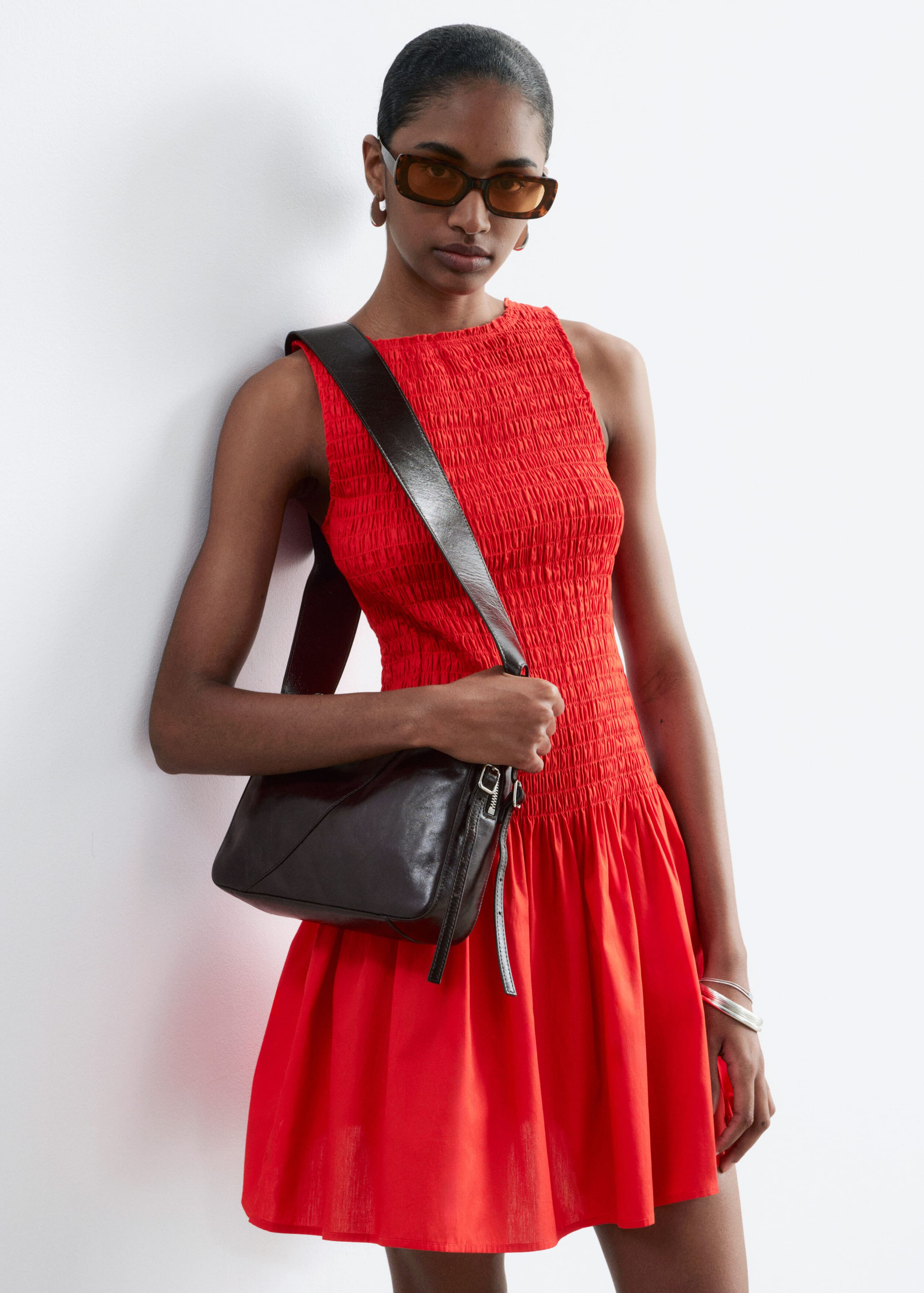 Smocked Cotton Poplin Mini Dress - Dark Brown - Lookbook