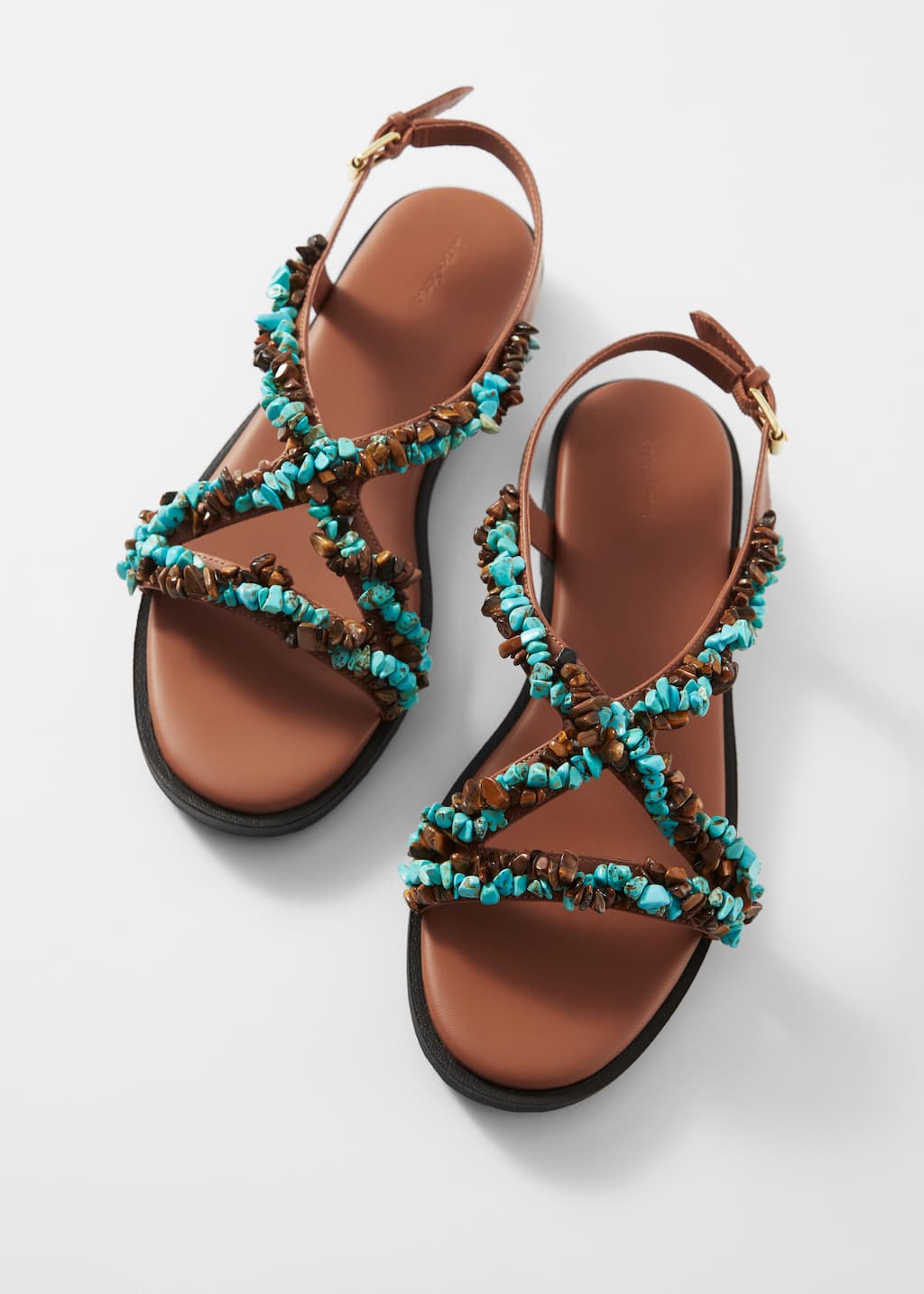 Beaded Leather Sandals - Brown/Turquoise - Still Life