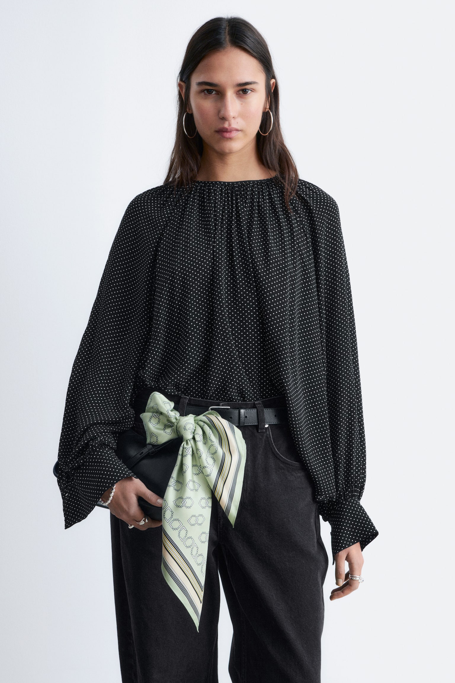 Μπλούζα με Φουσκωτά Μανίκια - Μαύρο Πουά/Σκούρο Μπλε - 7