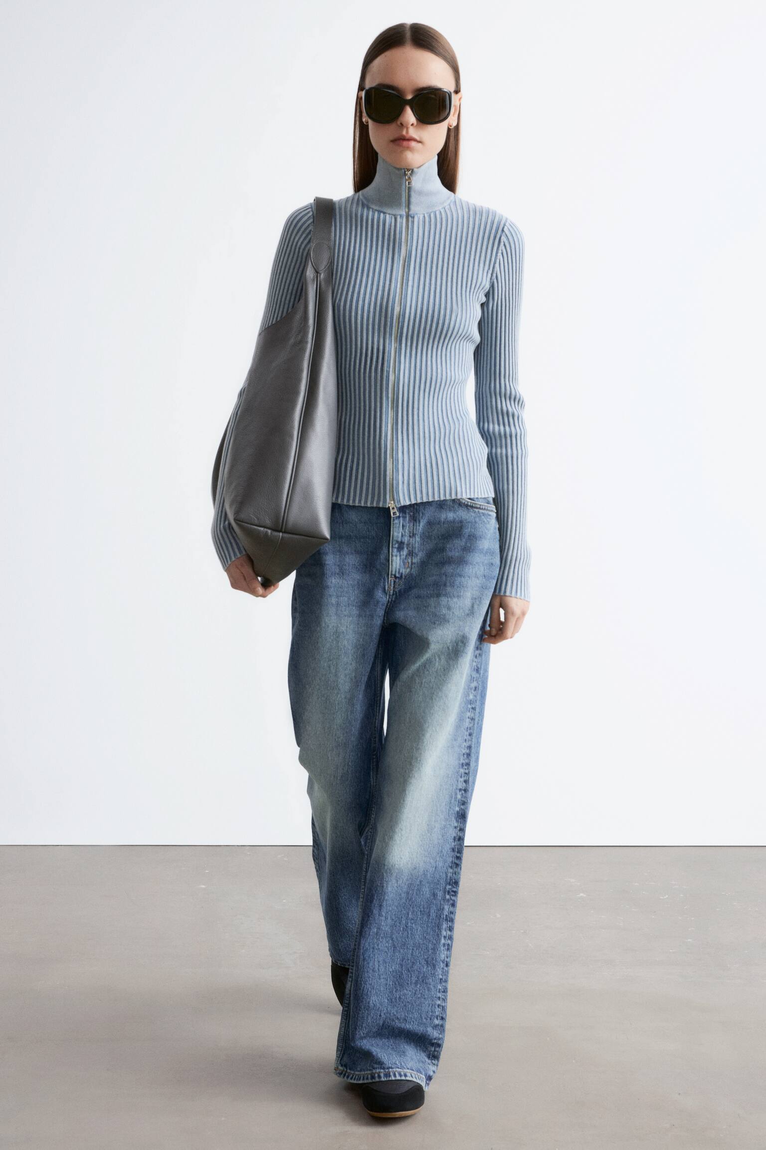 Rozpinany kardigan z golfem - Przydymiony niebieski - 7