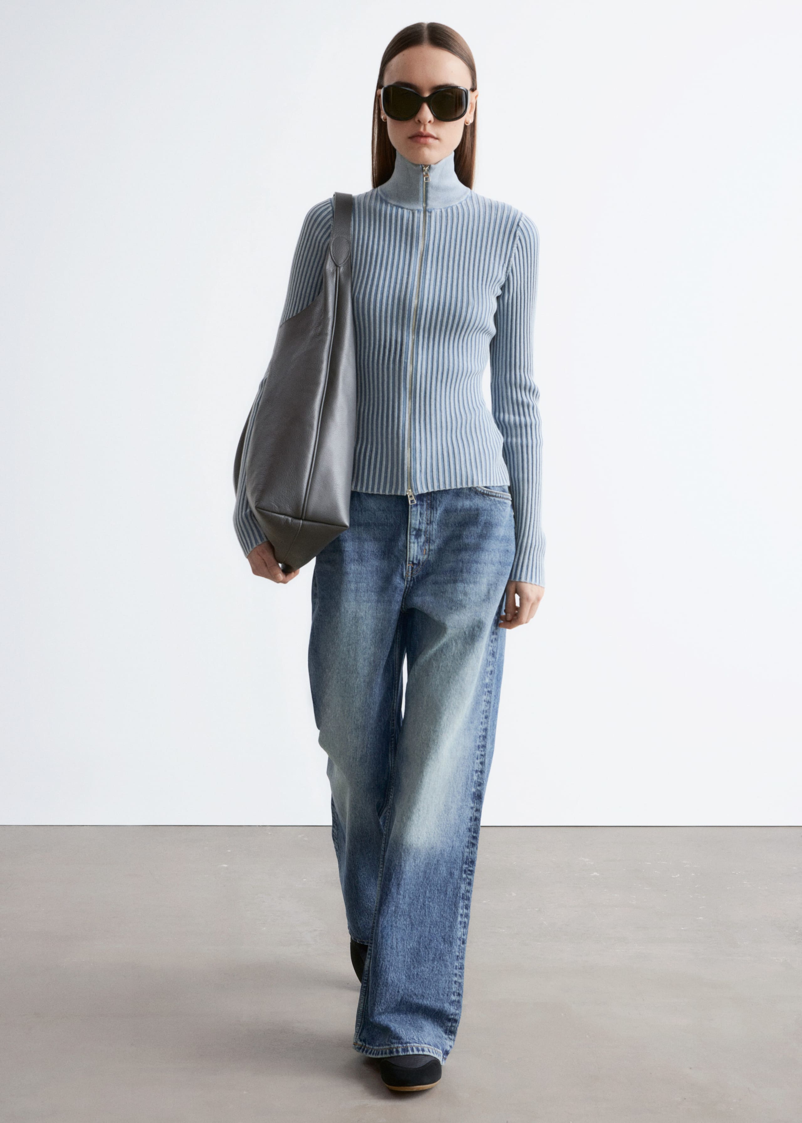 Zip-Up Turtleneck Cardigan - Dusty Blue - Lookbook