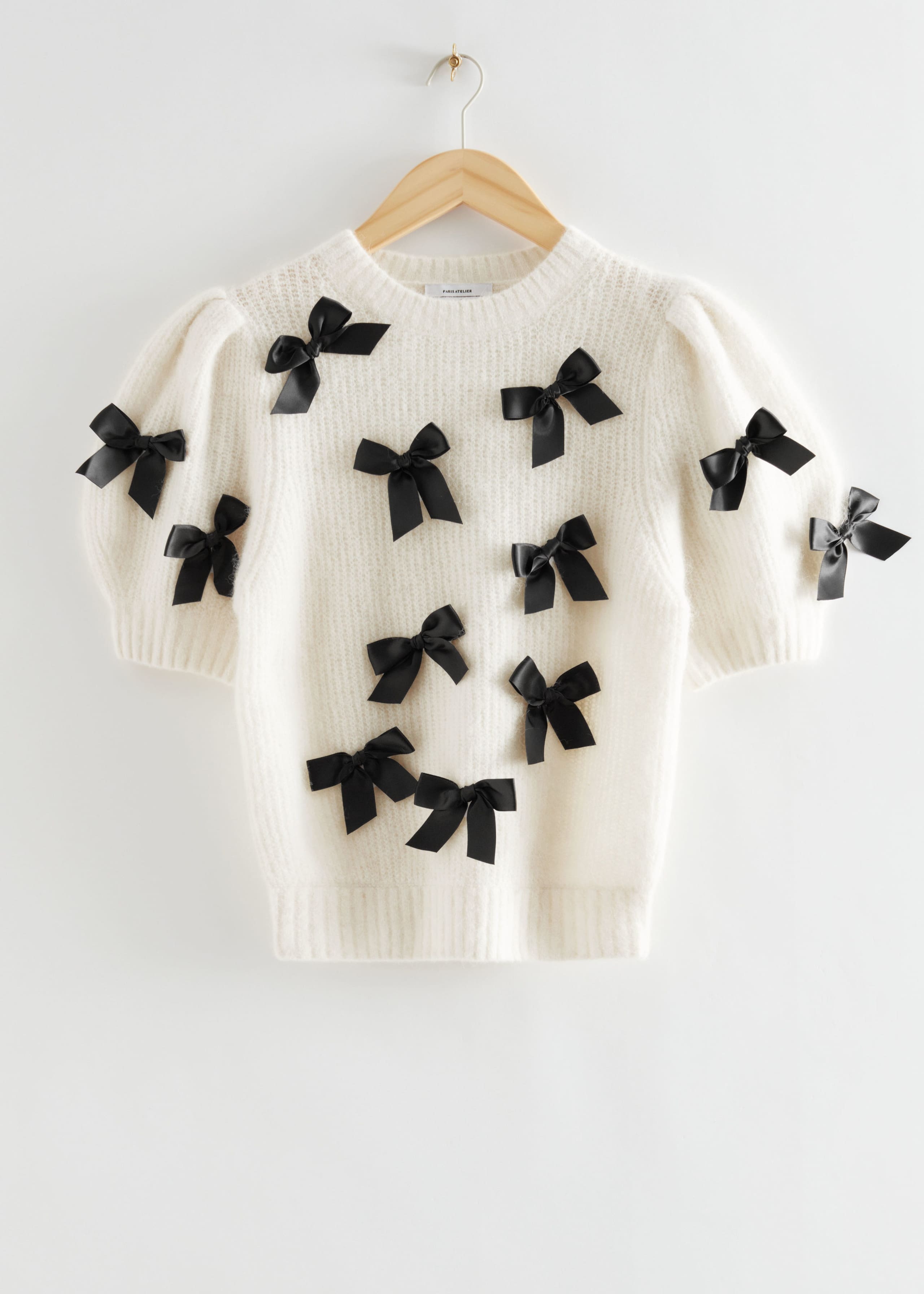 Bow Embellished Wool Top - White and Black Bows - Still Life