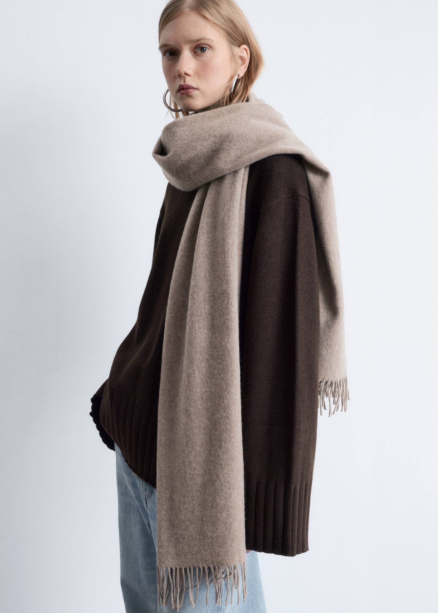 Fringed Wool Blanket Scarf - Bézs/Krém/Világos sárga/Fekete/Szürke