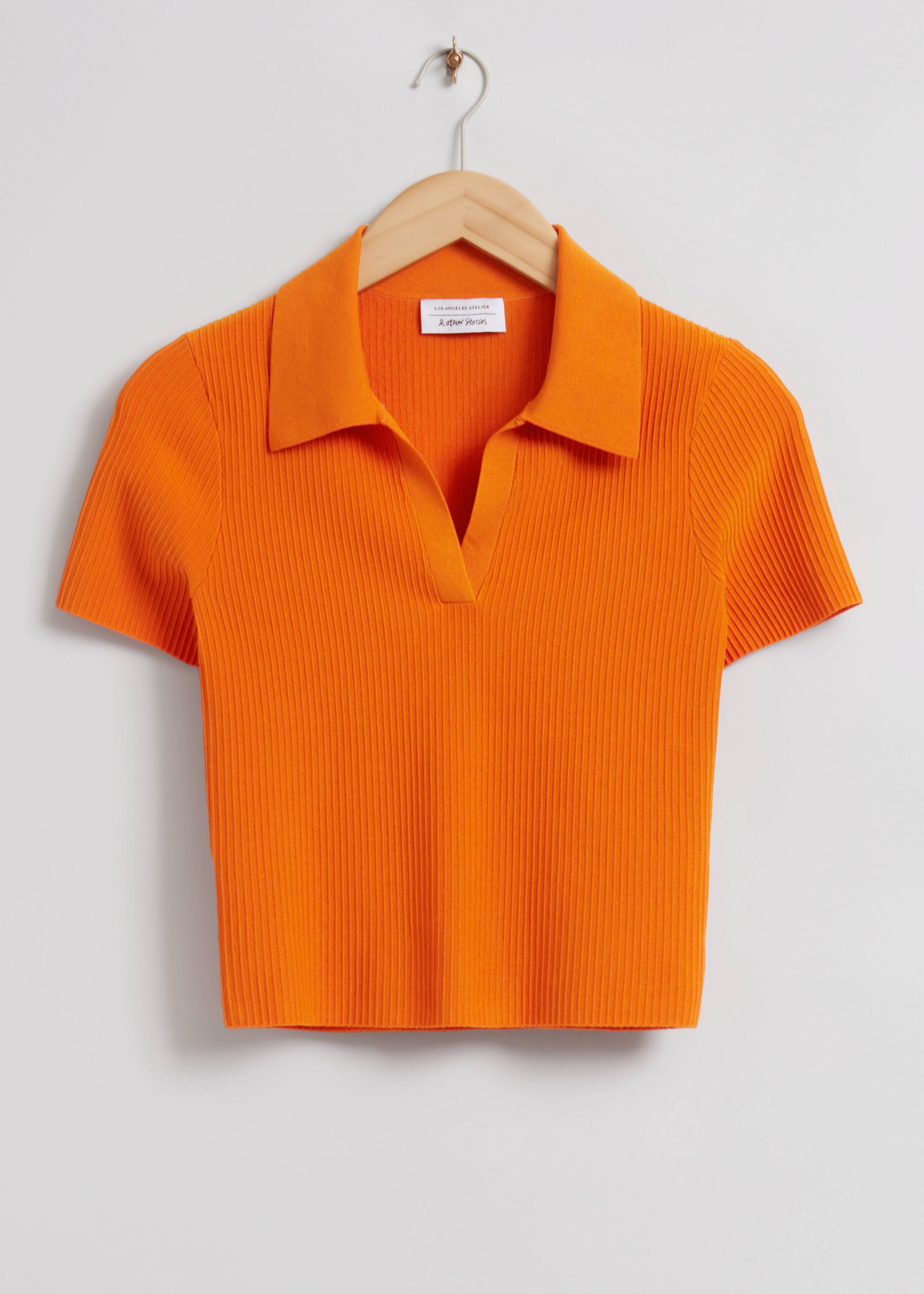 Cropped Open Collar Knit Top - Orange - Still Life