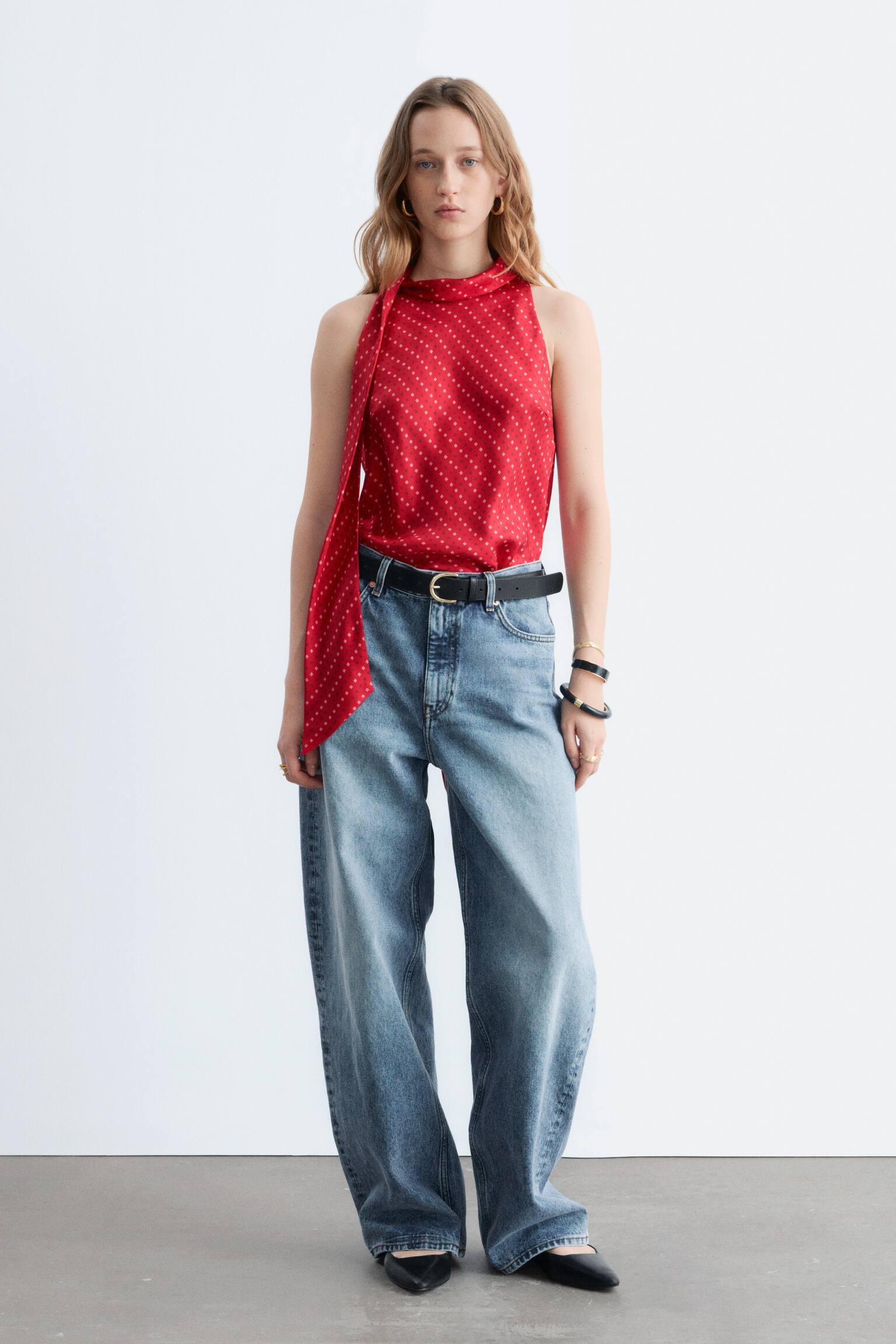 Top de seda con cuello de pañuelo - Rojo/Estampado a cuadros/Beige/Rayas - 3