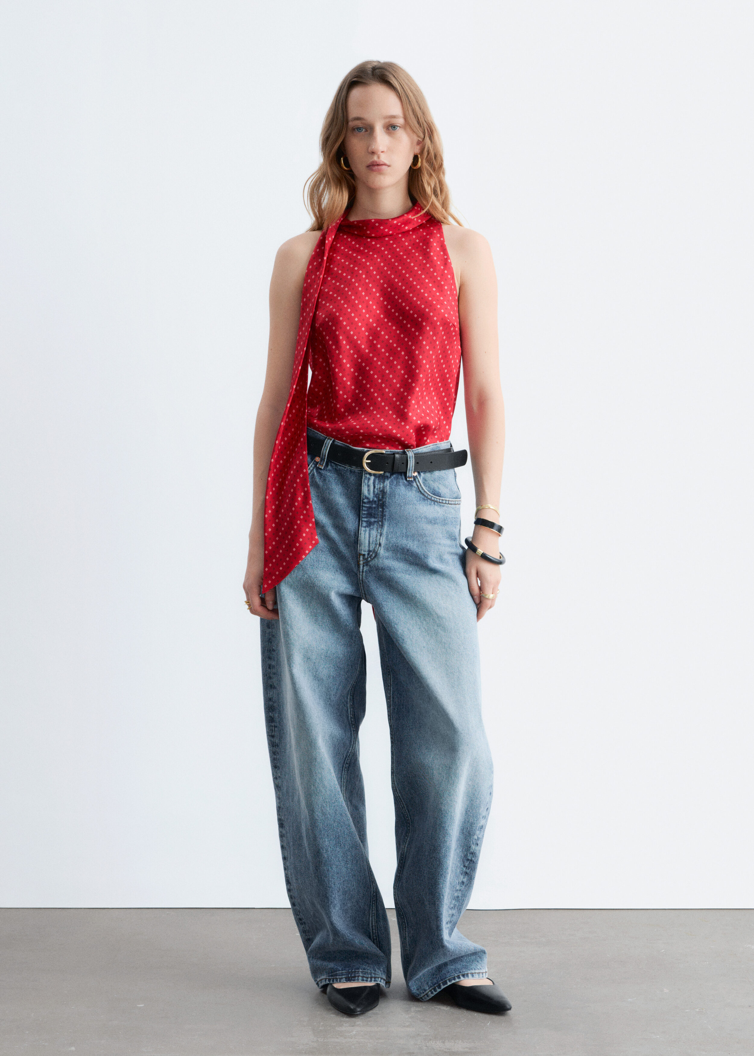 Scarf-Neck Silk Top - Red/Square Print - & Other Stories US
