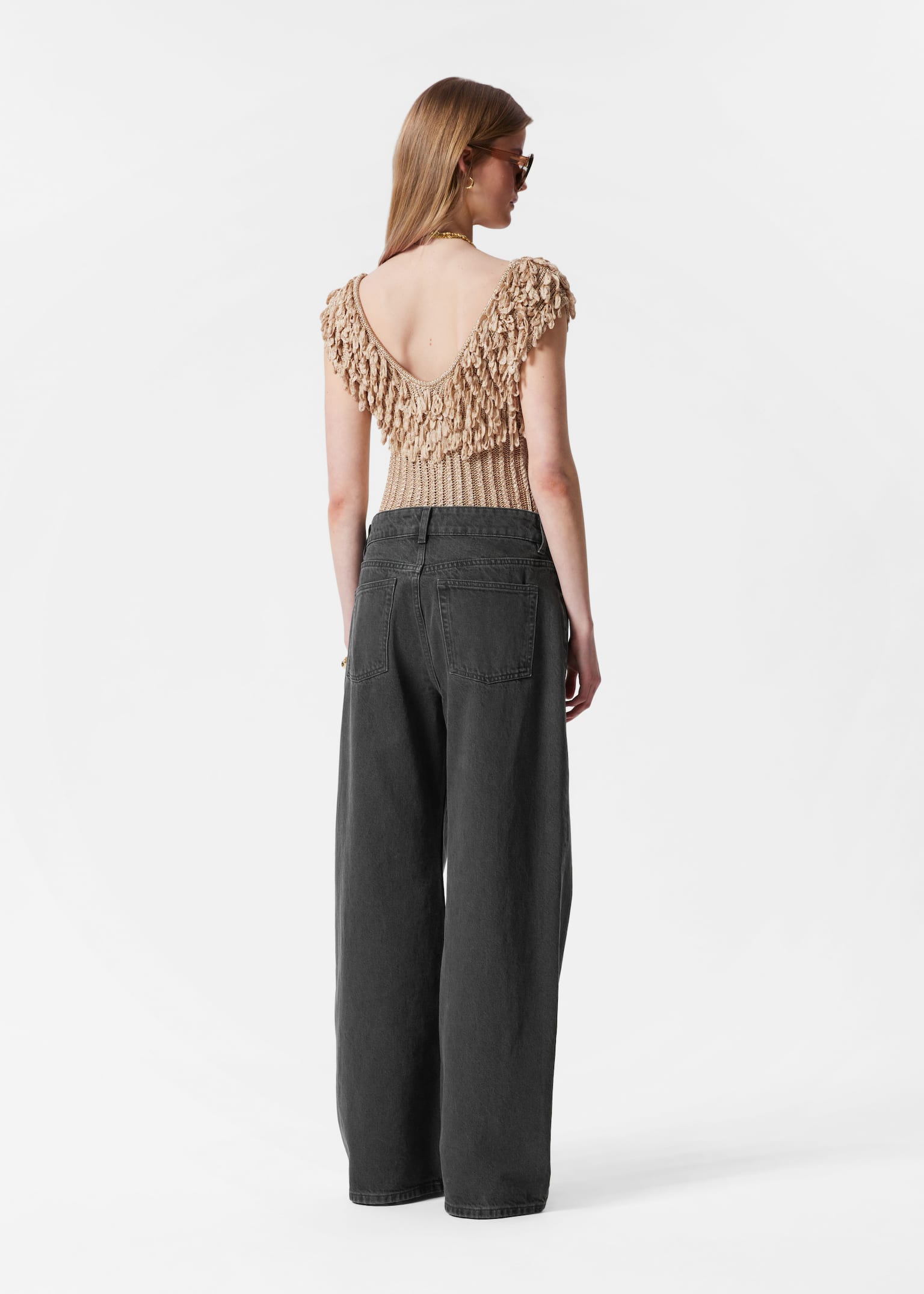 Ribgebreide top met franjes - Beige/Black - 5