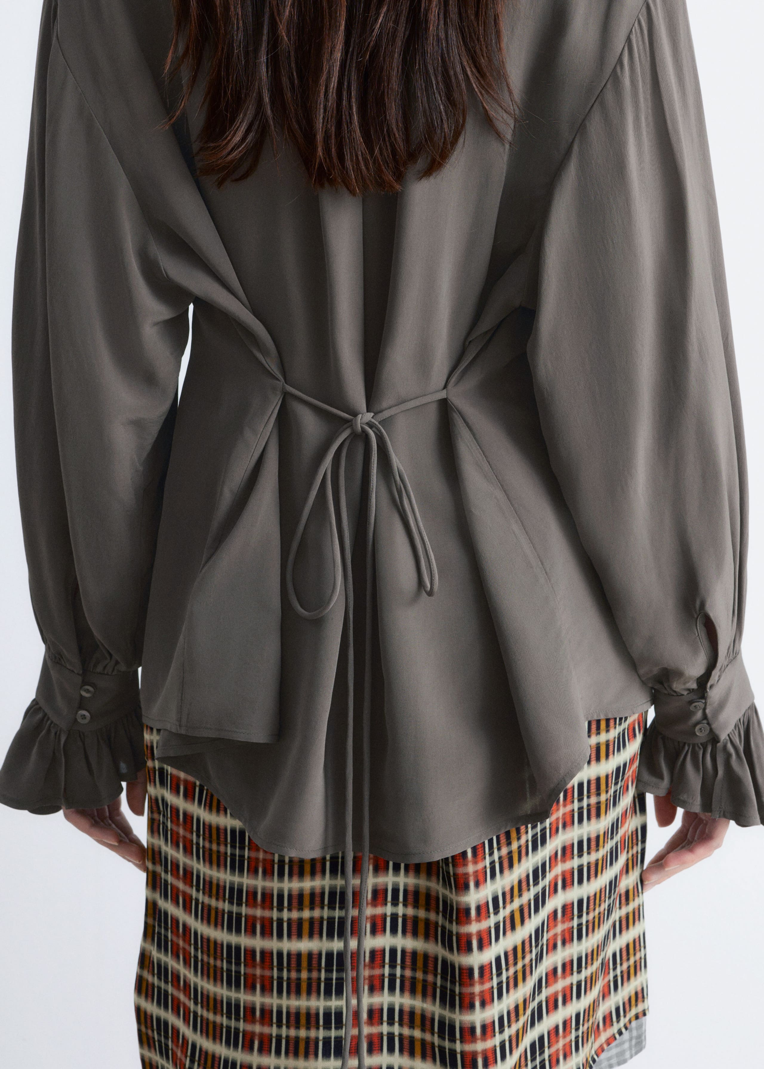 Tie-Back Gathered Blouse - Beige - Lookbook