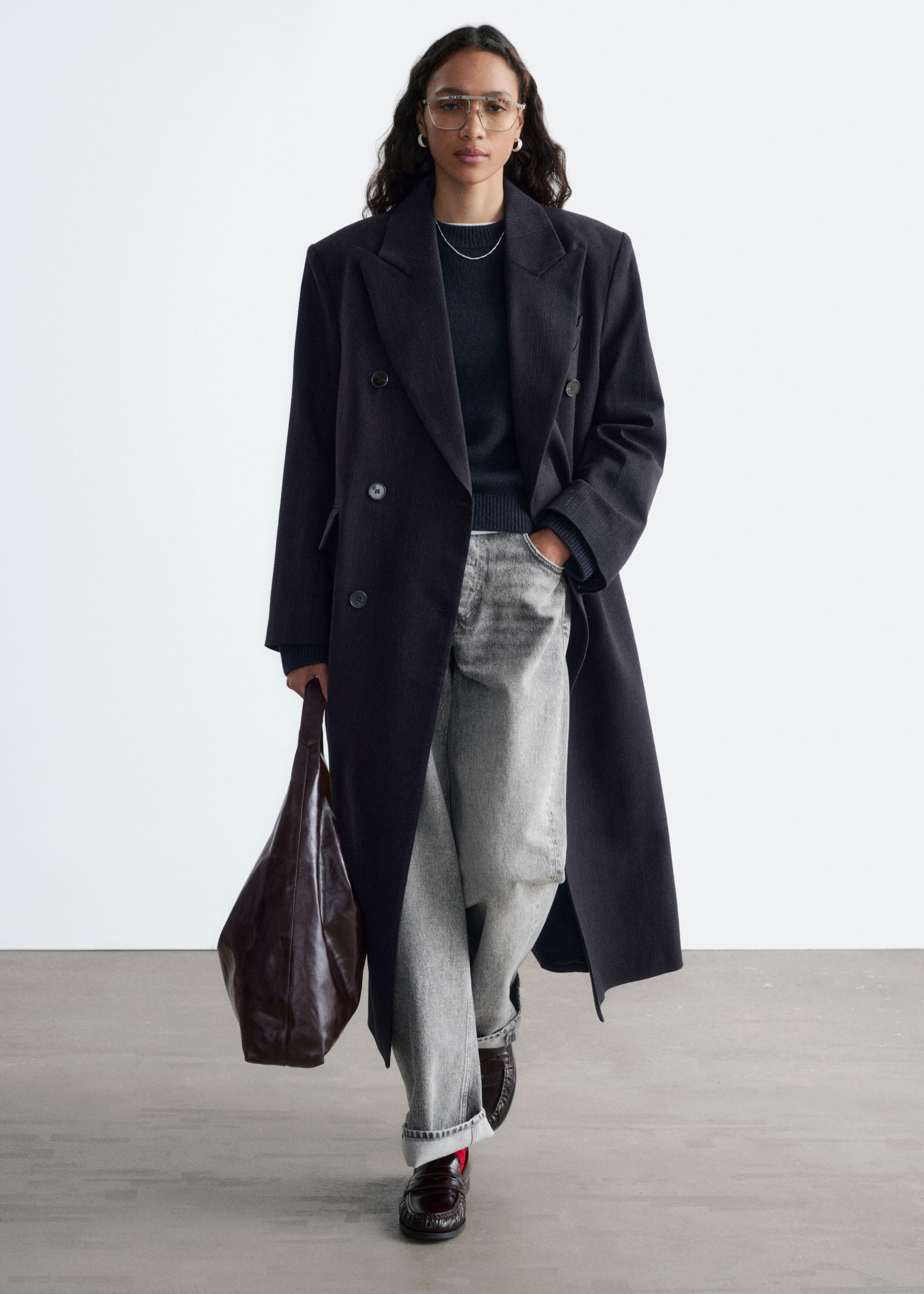 Cappotto doppiopetto in cotone e lana - Marrone scuro - Lookbook