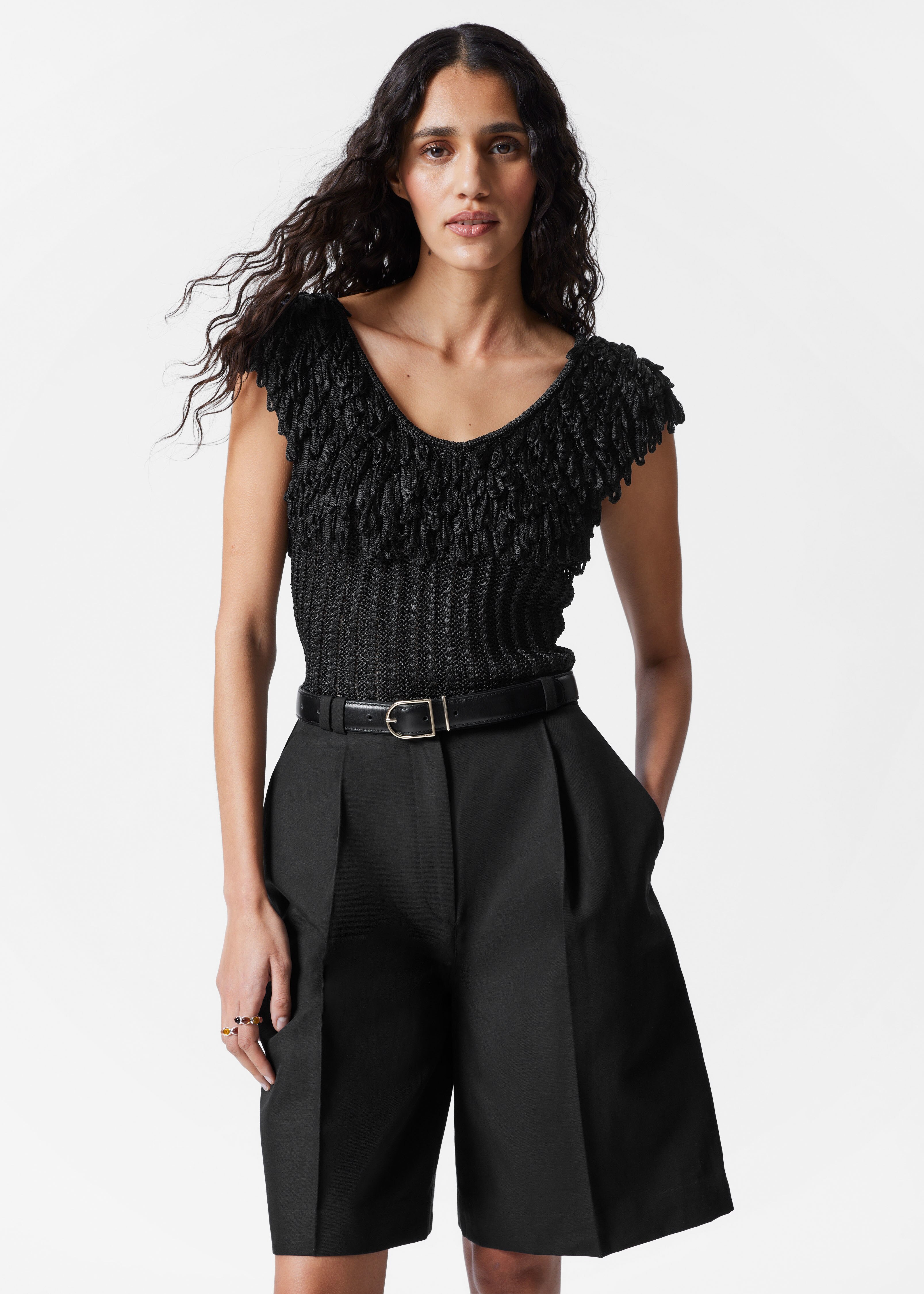 Třásňový žebrovaný top - Černá/Béžová