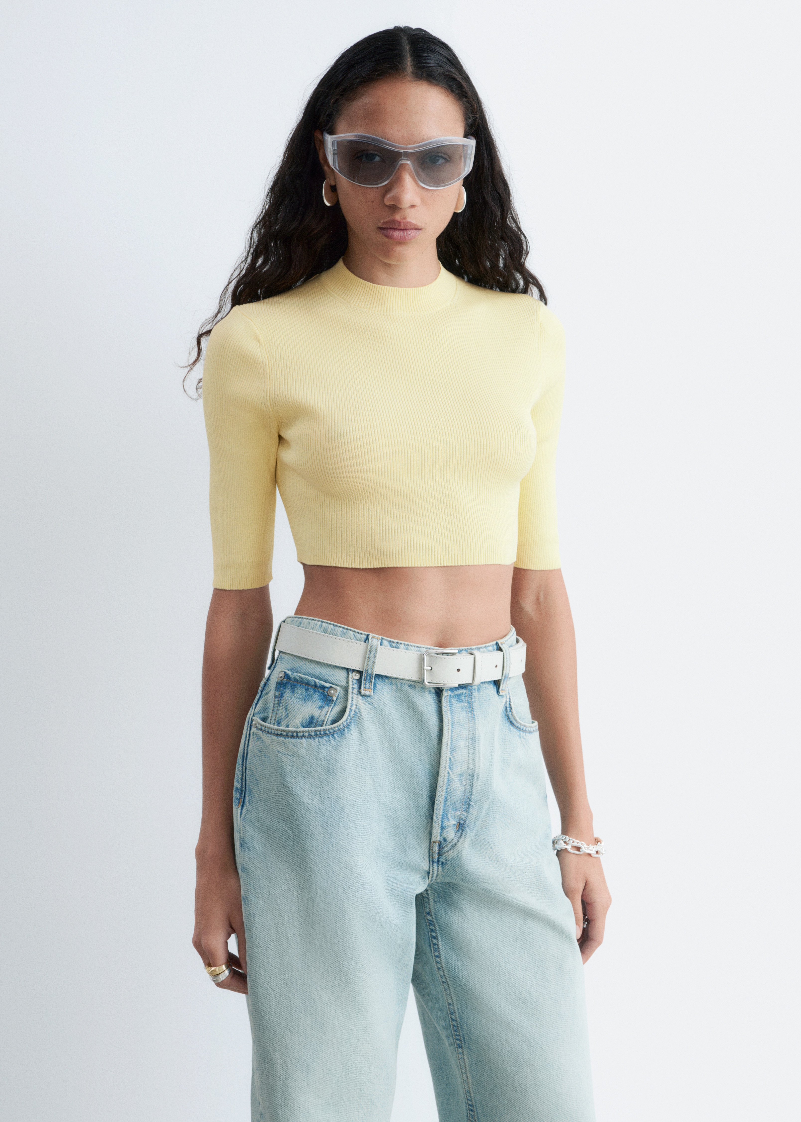 T-shirt slim cropped - Giallo pastello/Grigio scuro