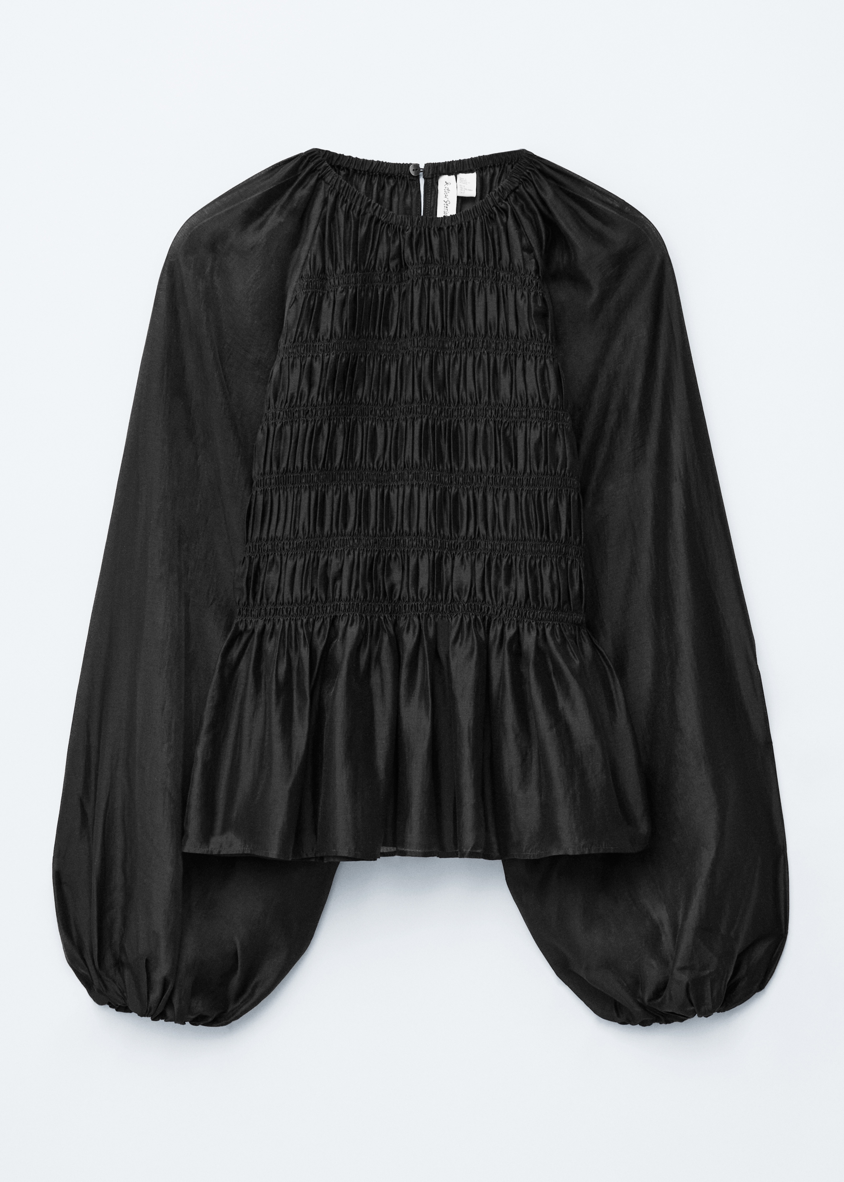 Balloon-sleeve Smocked Blouse - Black