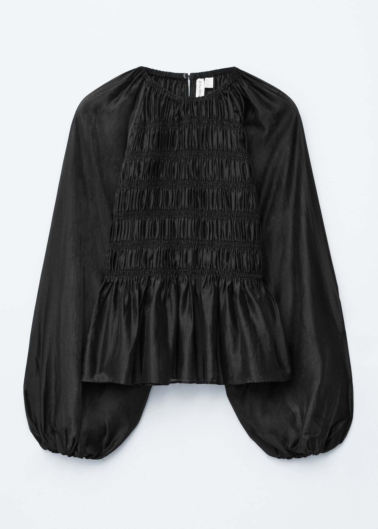 Gesmokte Bluse mit Ballonärmeln - Schwarz - 2