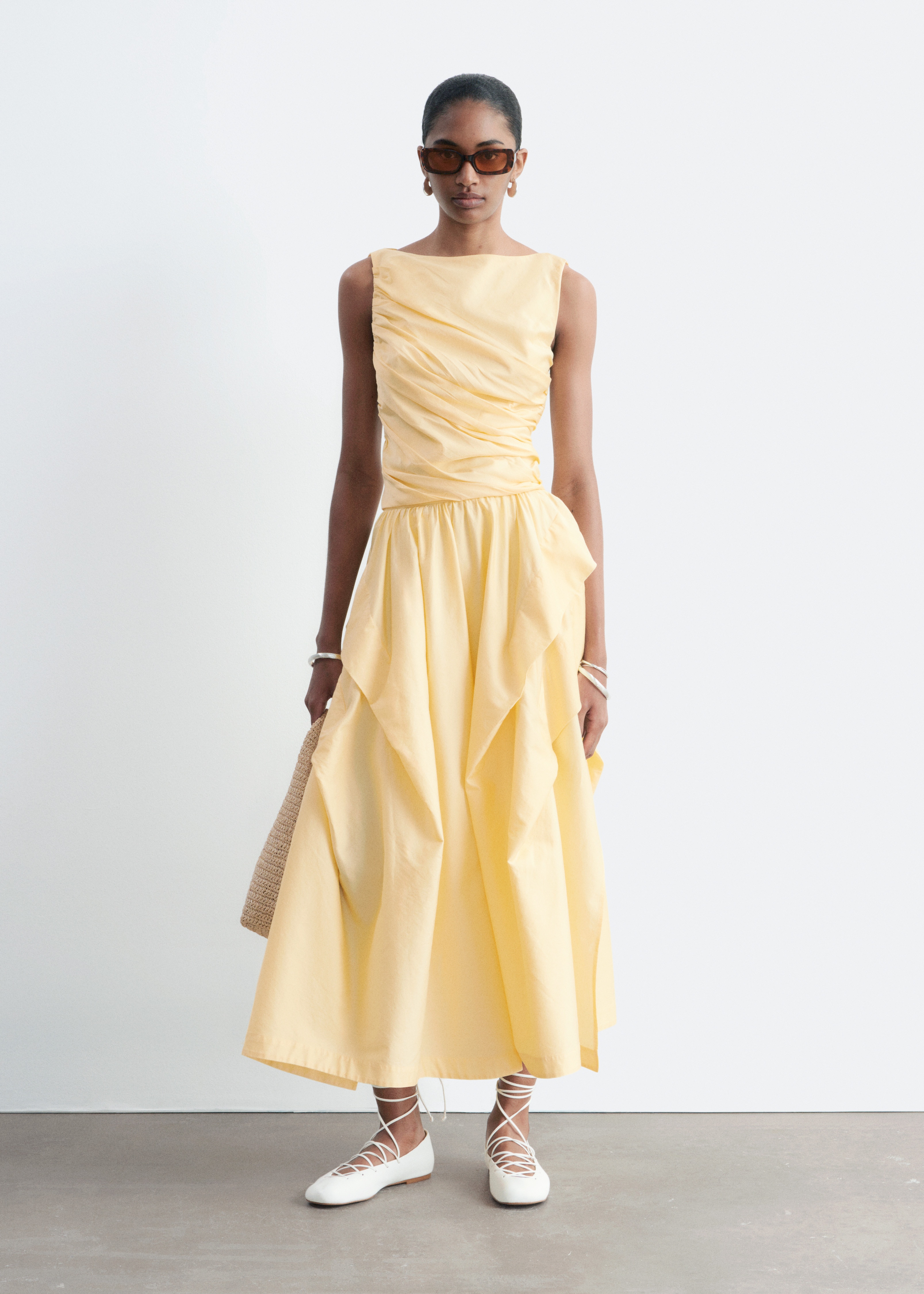 Rynkete midiskjørt - Gul/Off-white/rutete