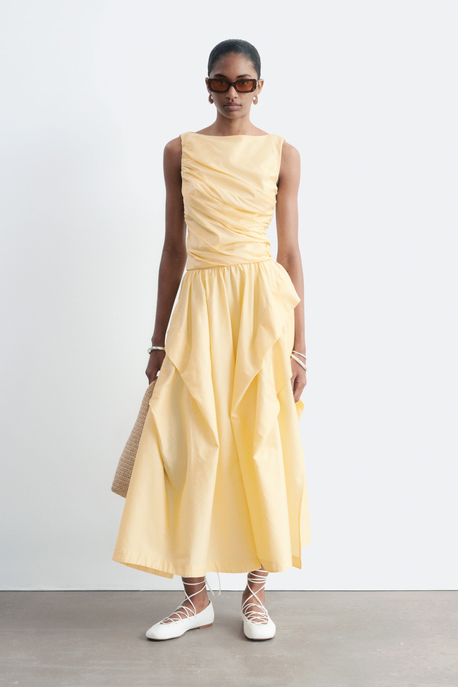 Fustă Midi Din Bumbac Cu Adunături - Galben/Alb Crem/Carouri - 2