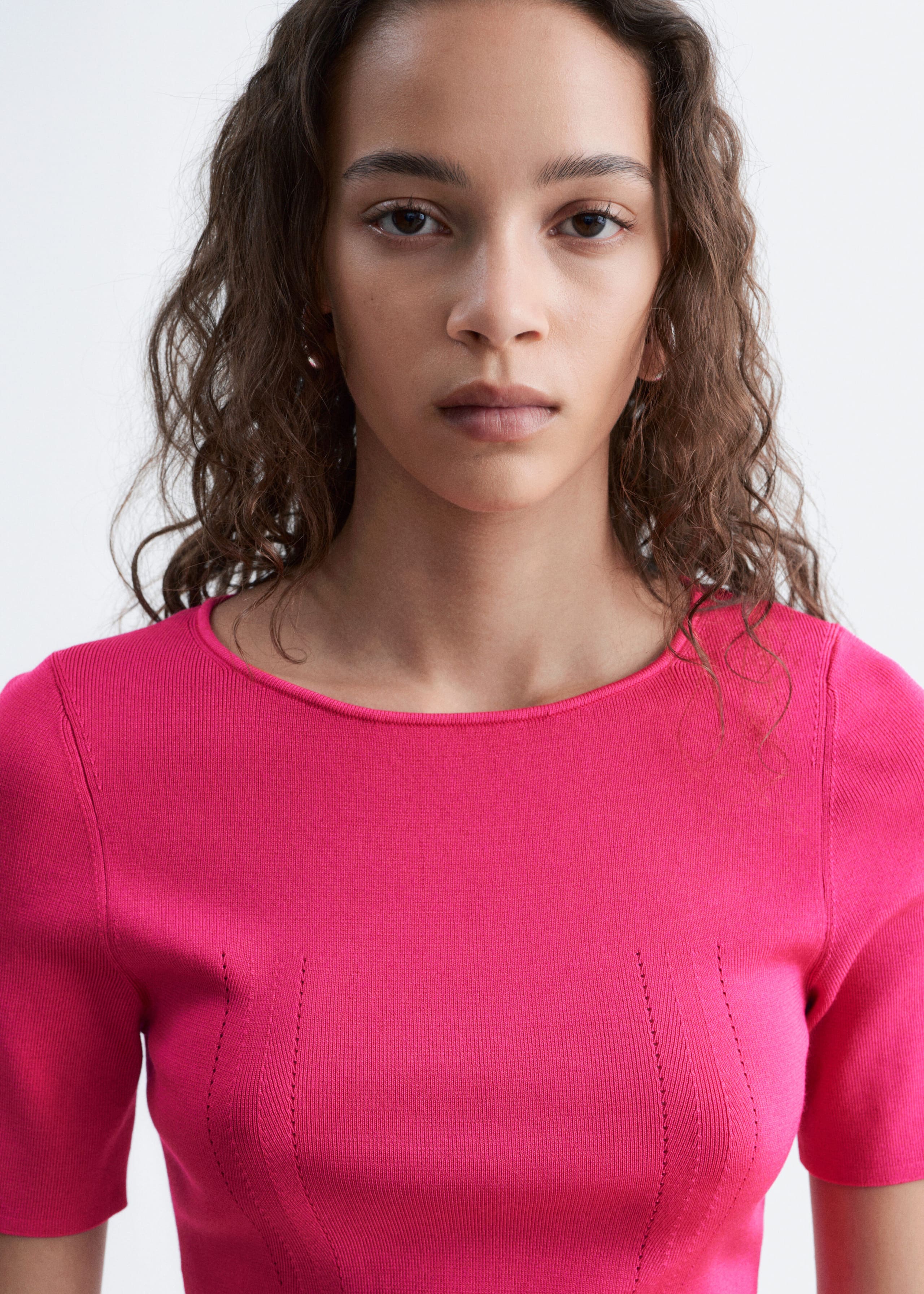Slim Knitted T-Shirt - Bright Pink - Lookbook