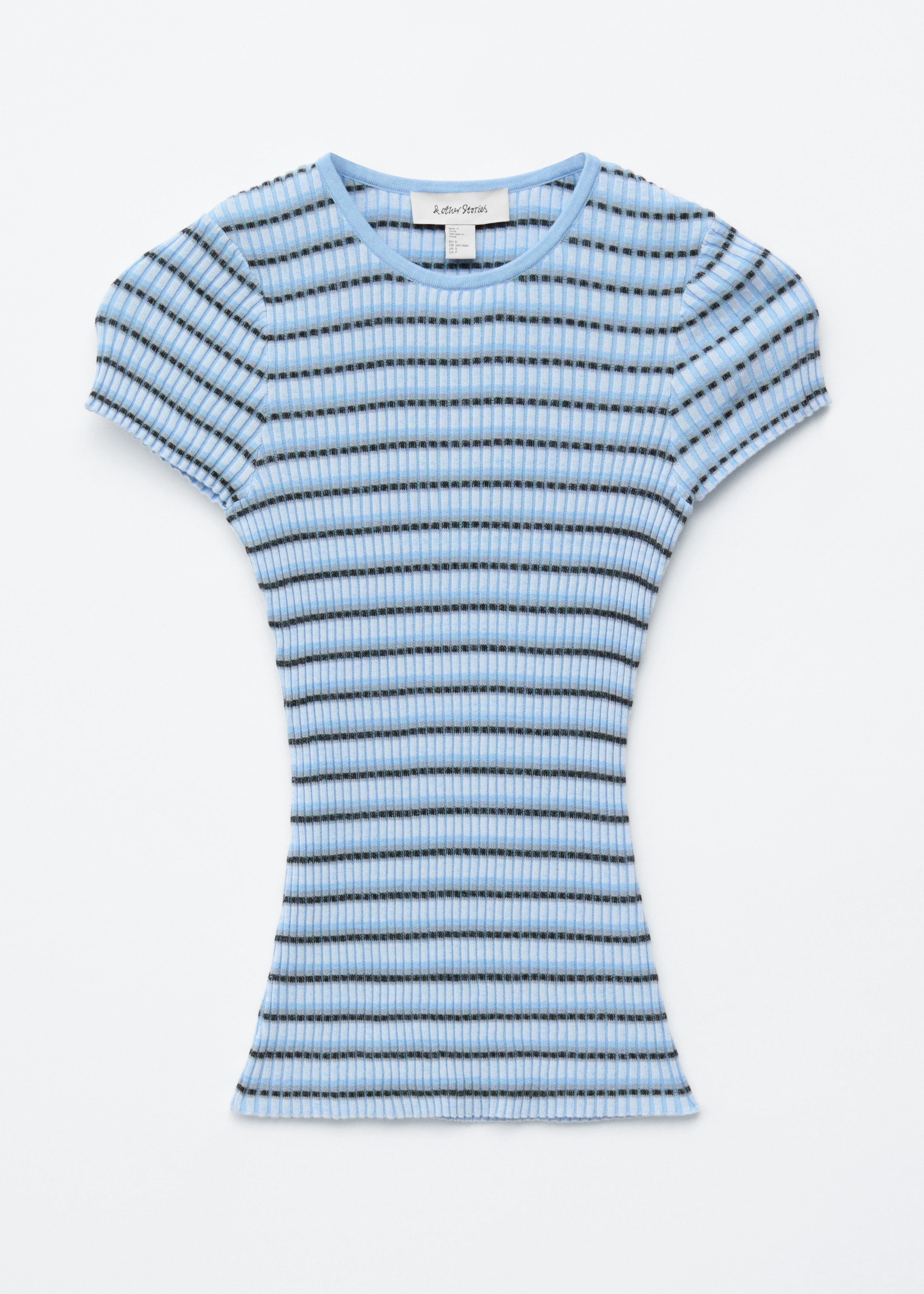 T-shirt de malha canelada às riscas - Riscas em azul-claro/preto/Riscas em bege/verde