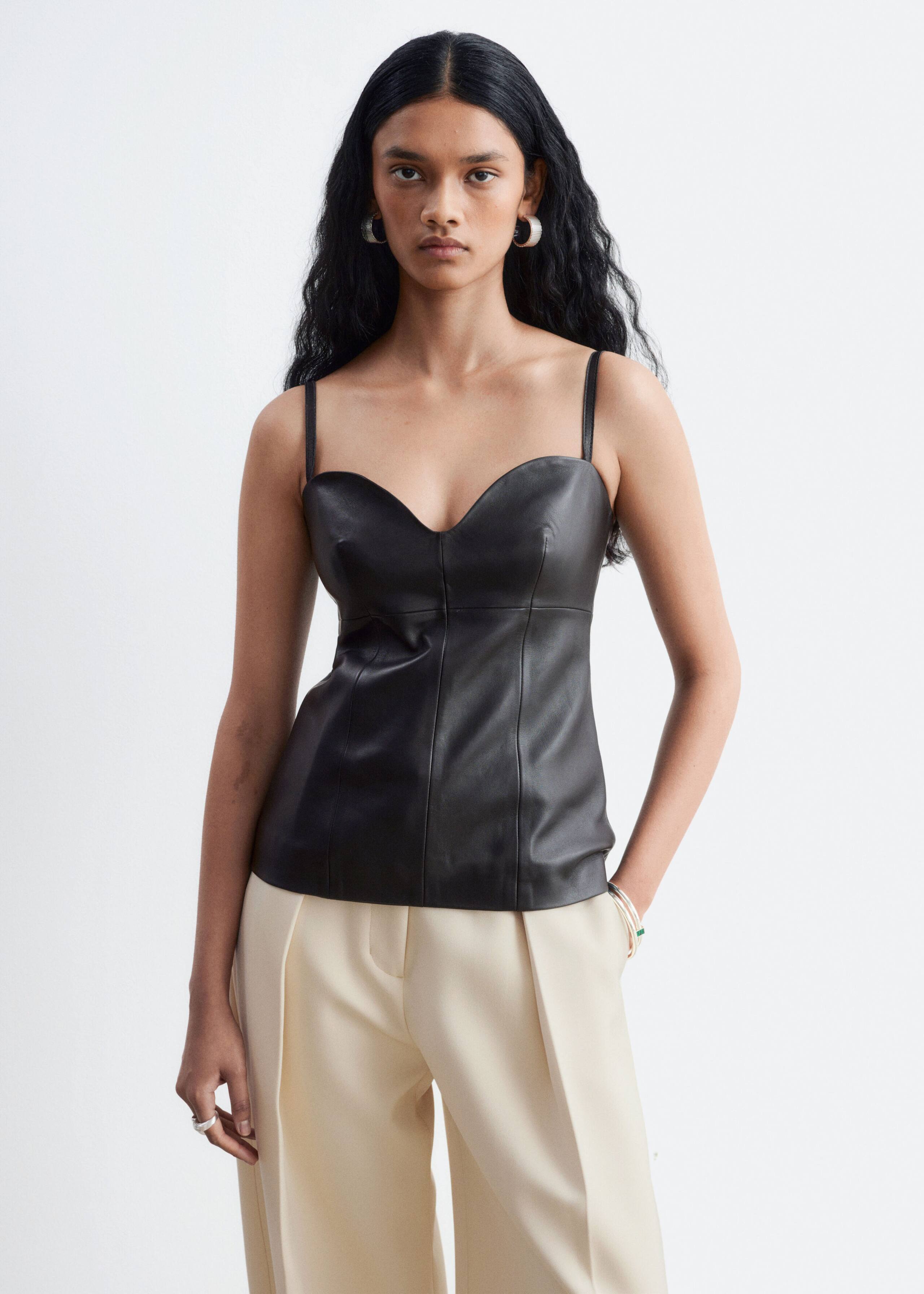 Sweetheart Neckline Leather Top - Black - Lookbook