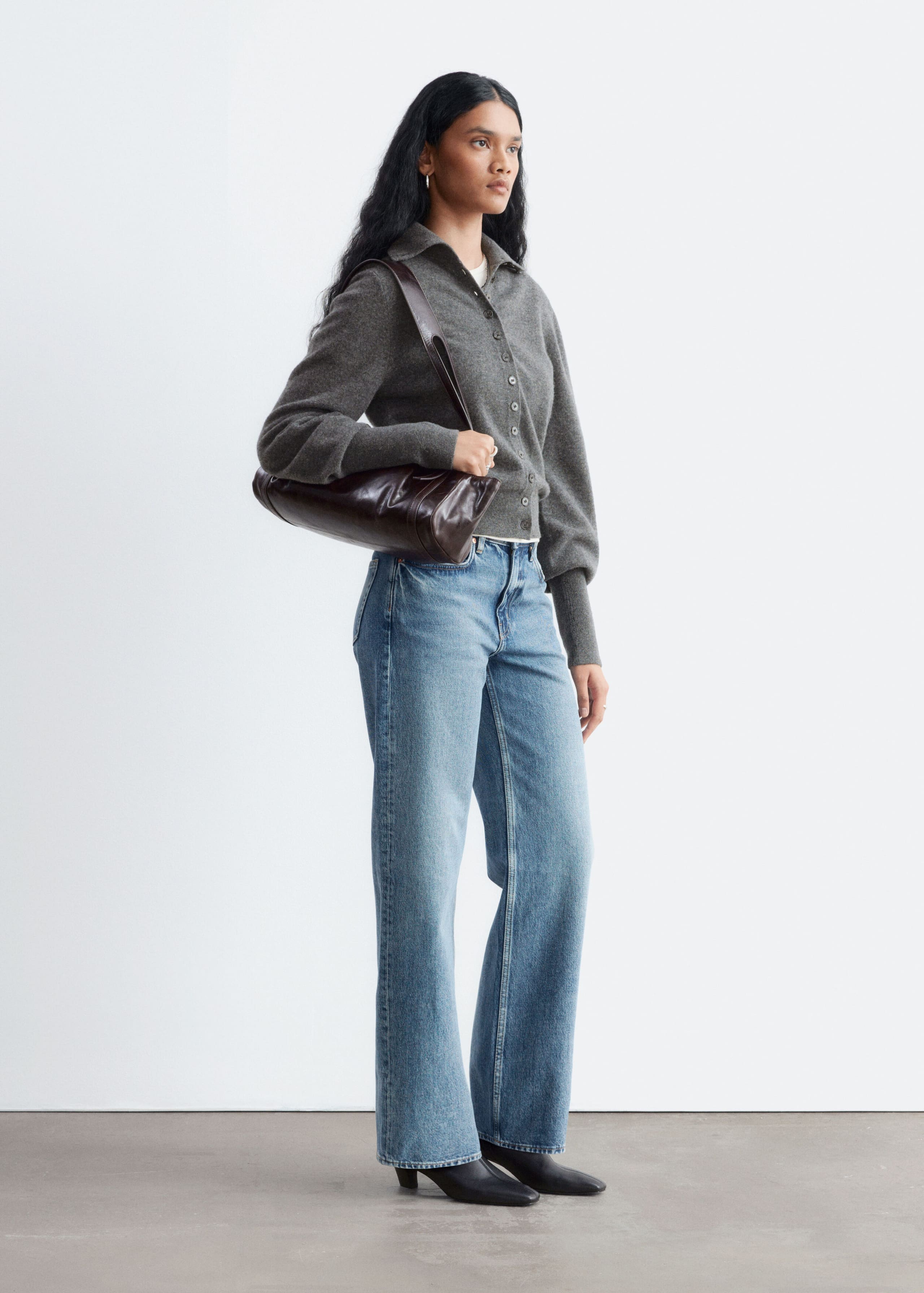 High-Neck Wool Cardigan Dark Grey