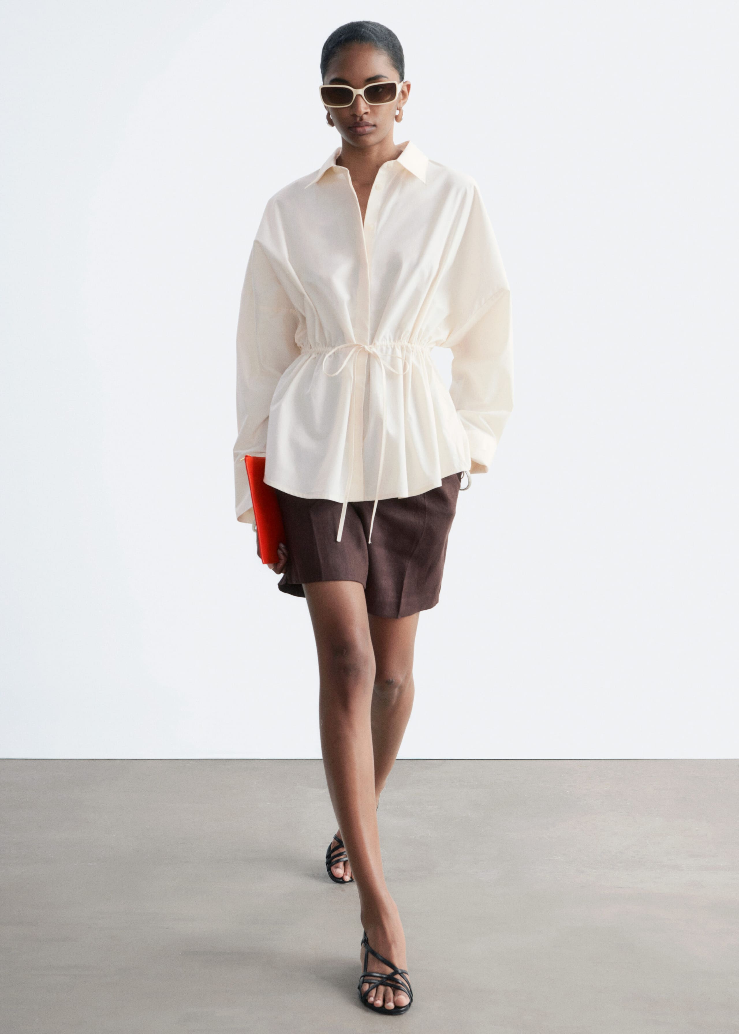 Cotton Poplin Drawstring Shirt - Off White - Lookbook