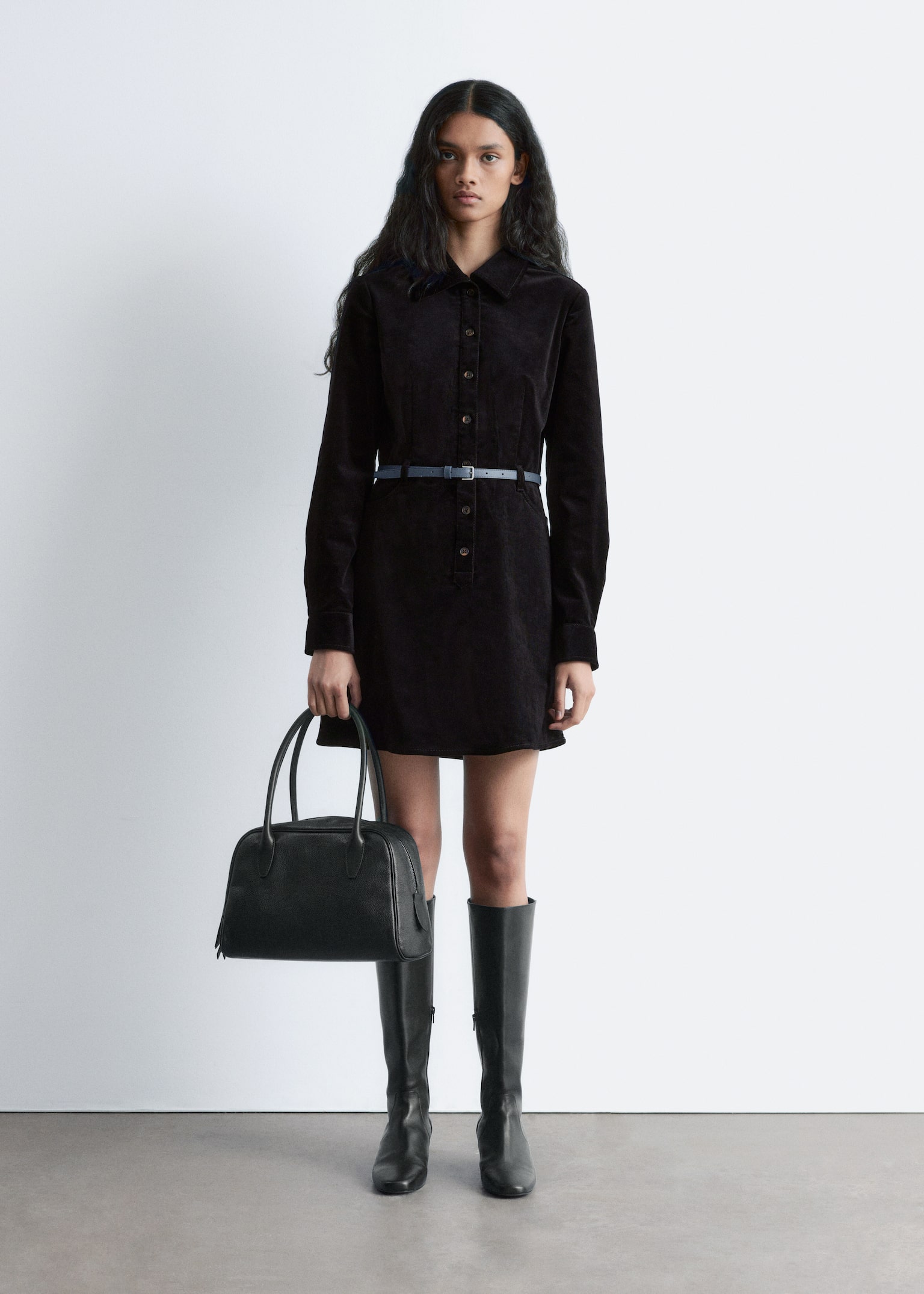 Belted Velvet Mini Dress - Black - 3