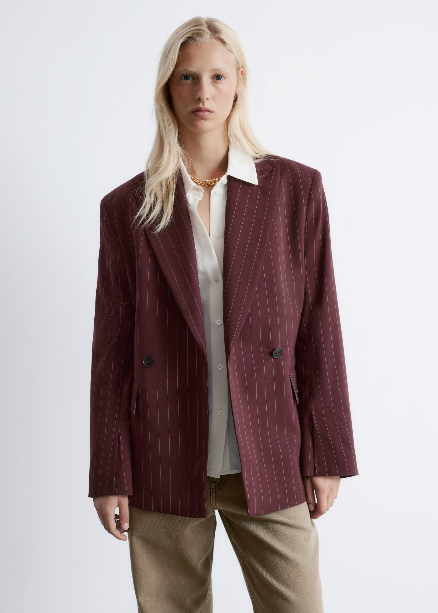 Double-Breasted Wool Blazer - Burgundy Pinstripe - 4