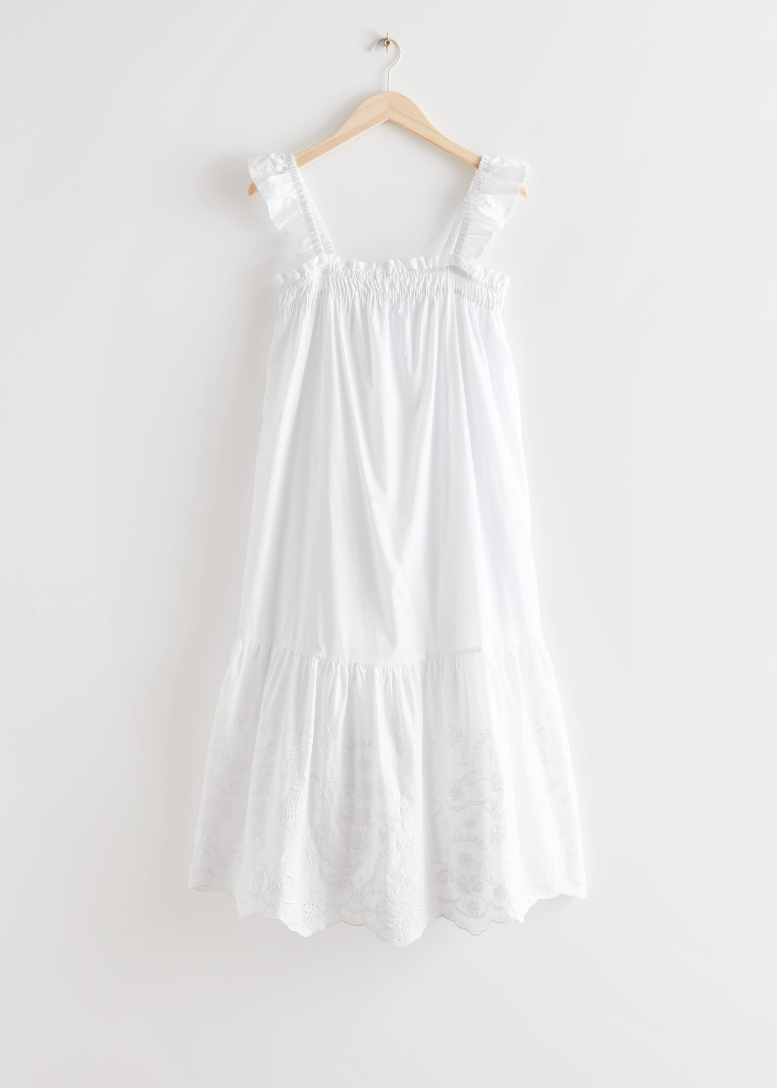 Frilled Embroidery Midi Dress - White - Bodegón