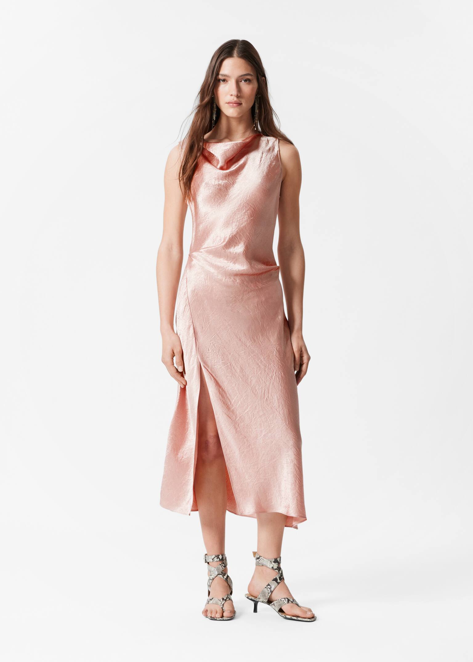 Rochie Midi din Satin Drapat - Roz pal/Maro închis/Top maro cu model
