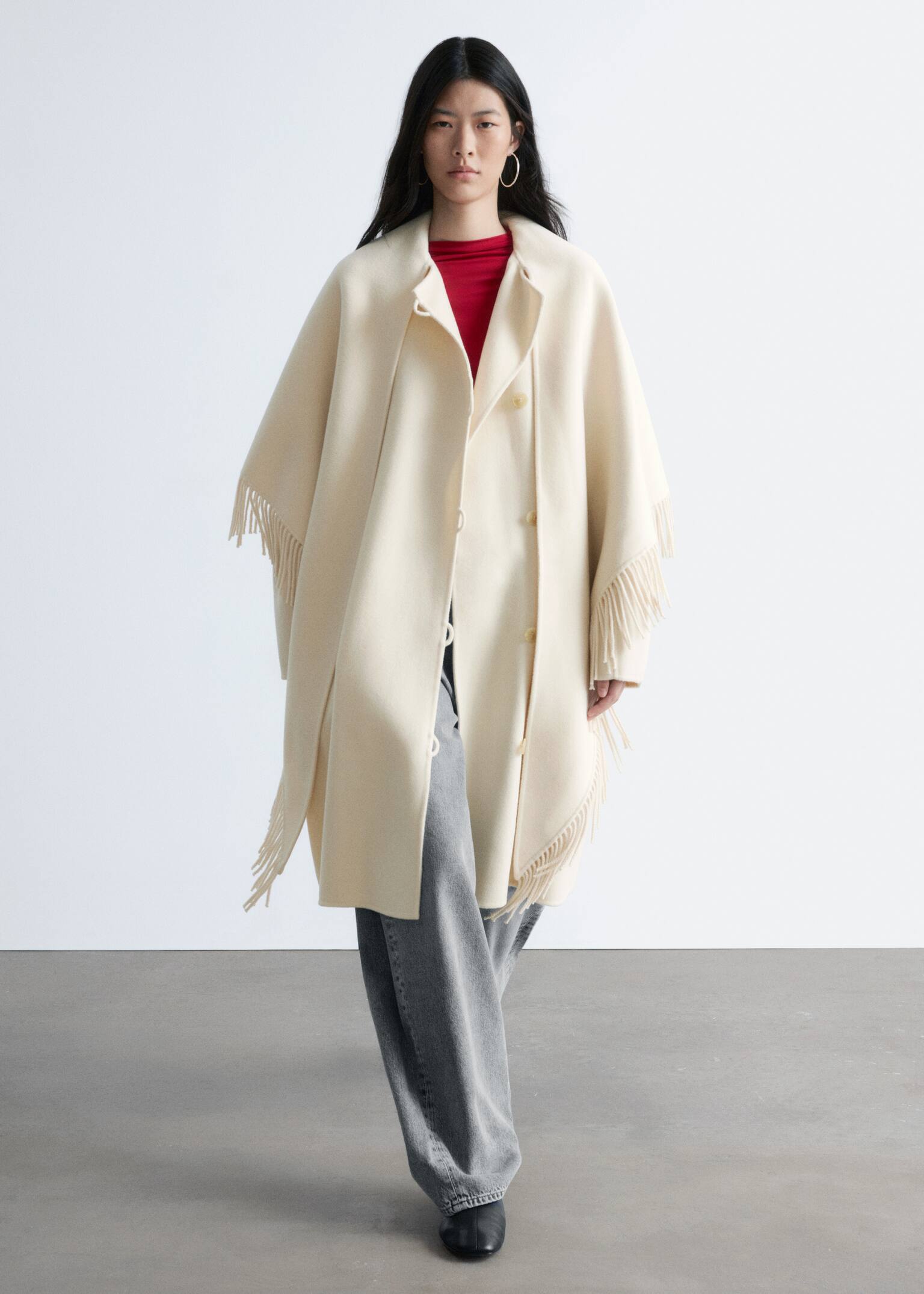 Fringed Shawl Wool Coat - Cream/Black - 7