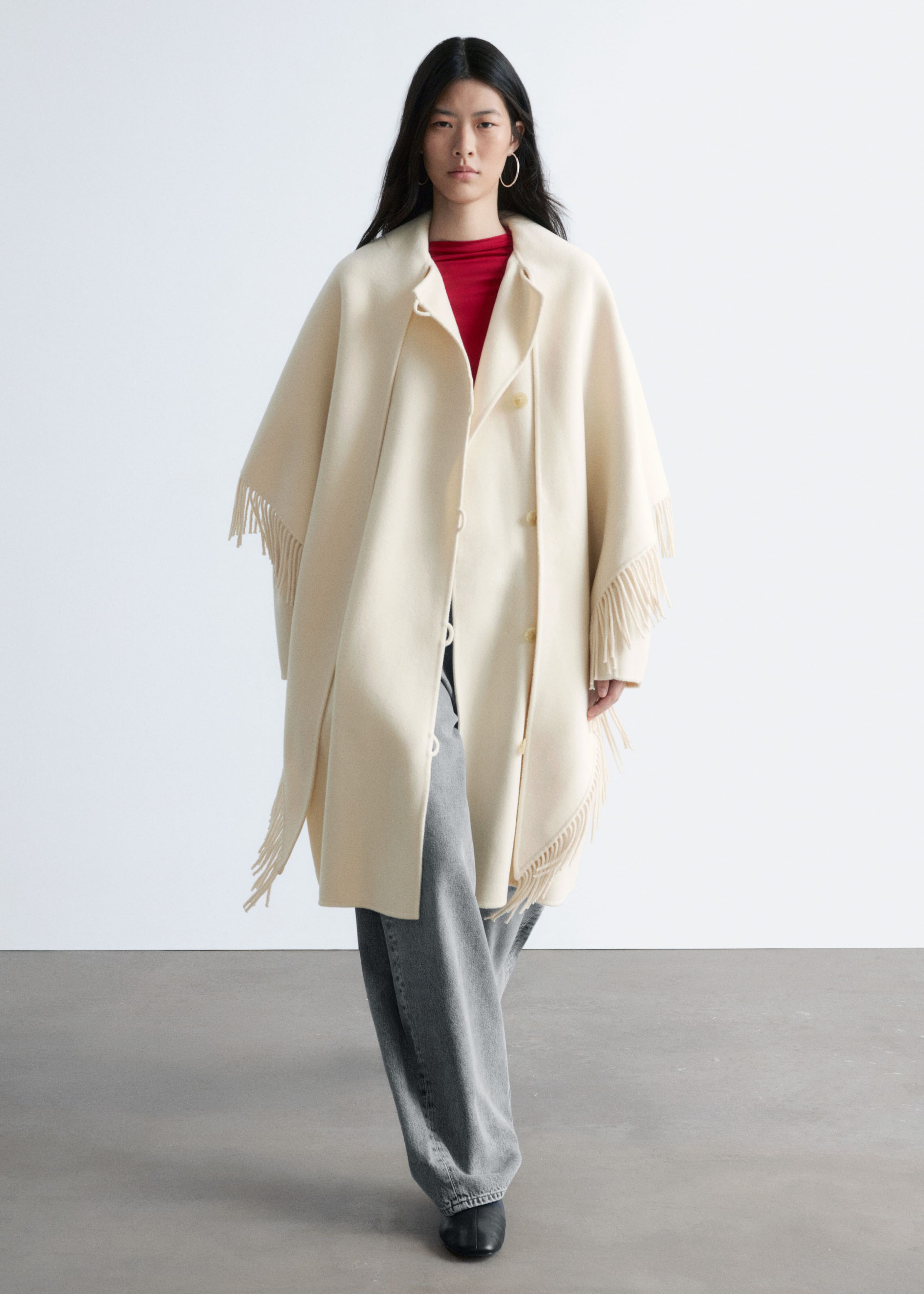 Image of Fringed Shawl Wool Coat