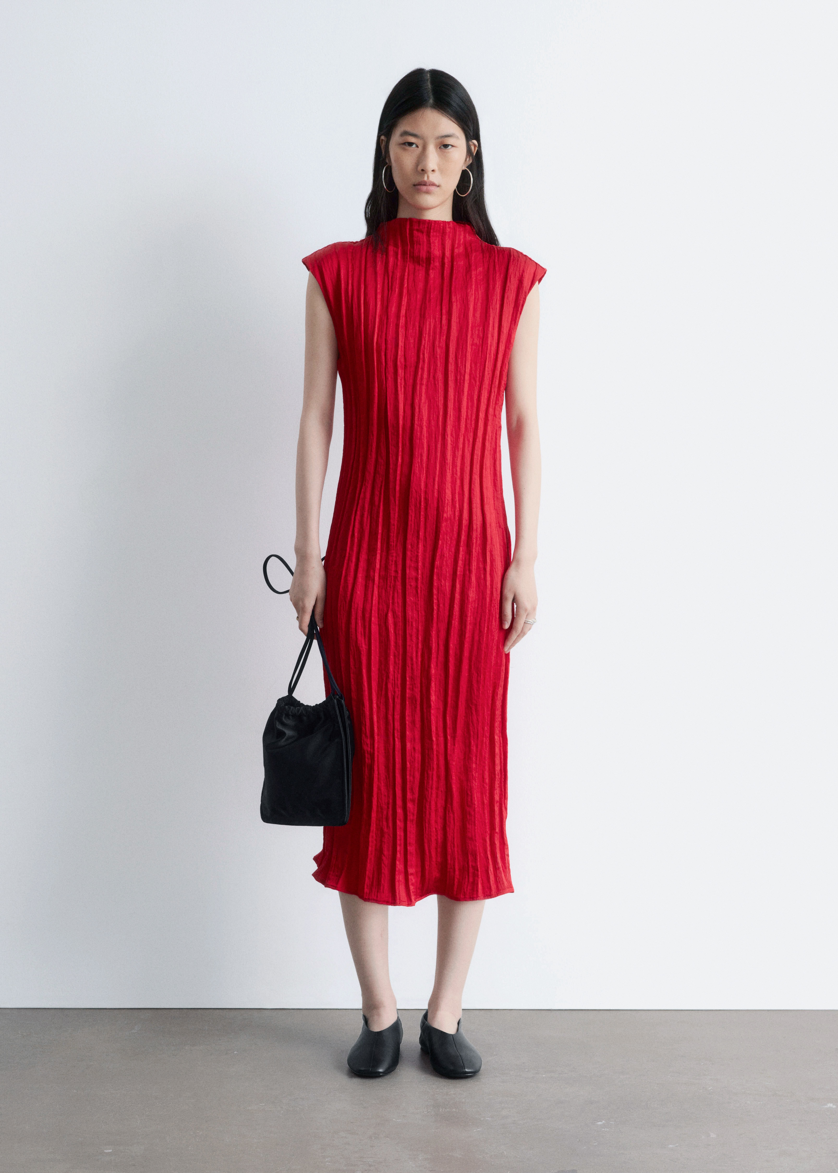 Midikjole i crêpe-stof - Rød/Grå