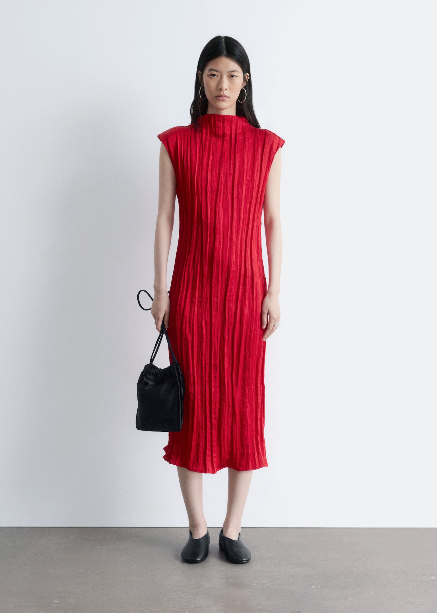 Midikjole i crêpe-stof - Rød/Grå - 1